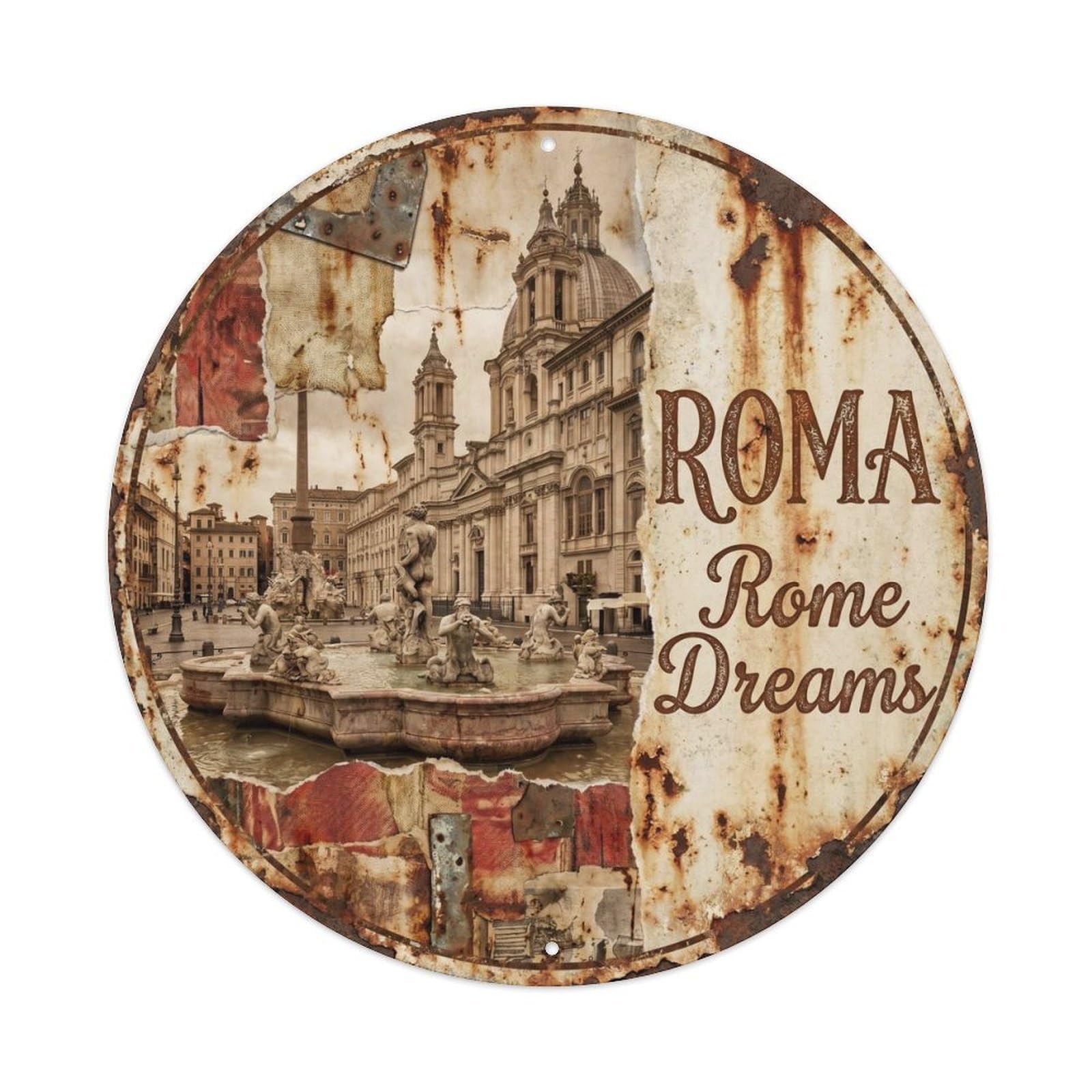Rome Landmark Piazza Nostalgic City Europe Classic Destination Metal Tin Sign Plaque Wall Decor for Cafe, Man Cave, Club Bar, Office, Home Garden Round Metal Poster 8x8Inch