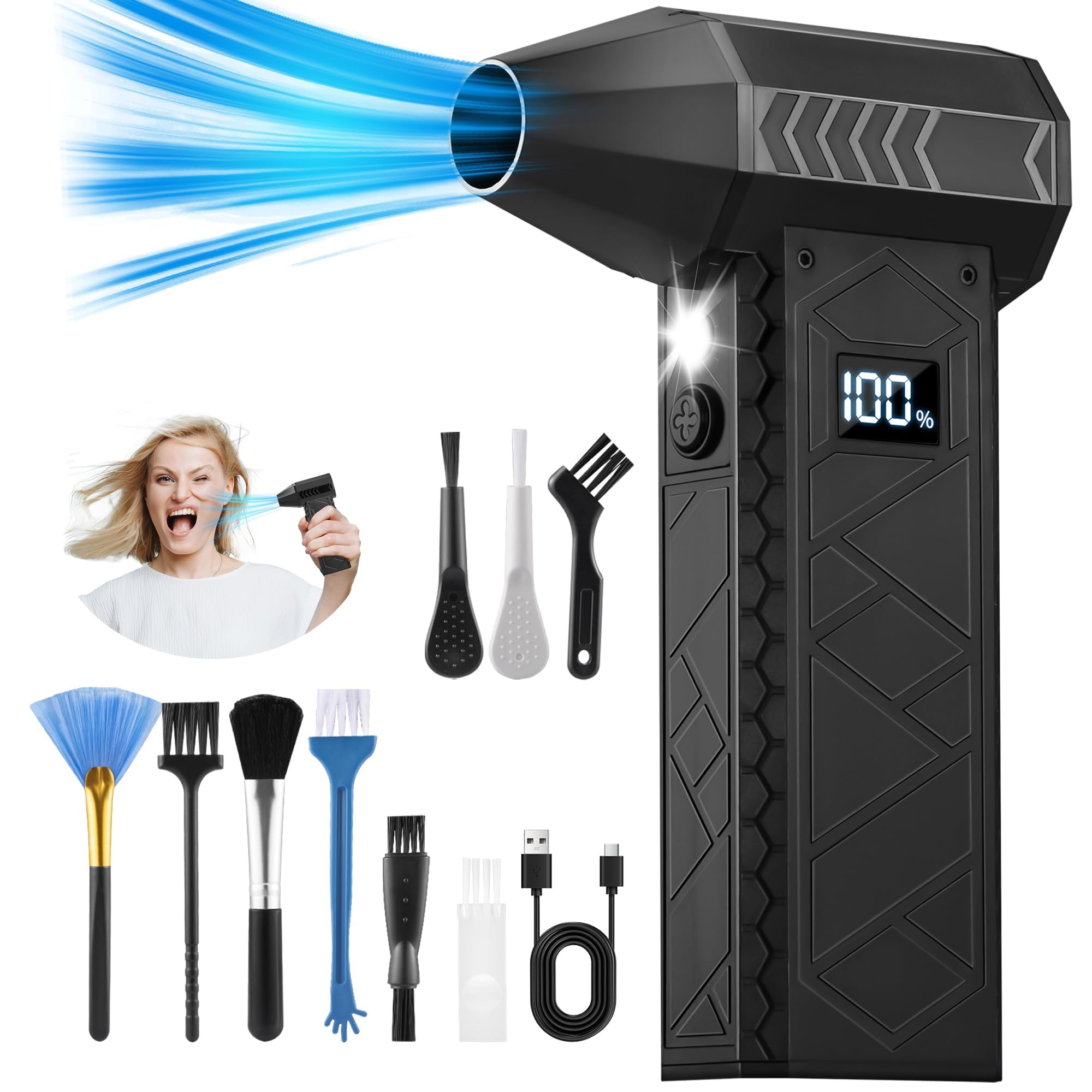 Mooyude Compressed Air Duster- 4 Speeds Adjustable Electric Air Duster with Digits Display LED Lights,One Charge for 100 Mins, Rechargeable Cordless Air Blower for Keyboard, PC, Car, Home and Outdoor