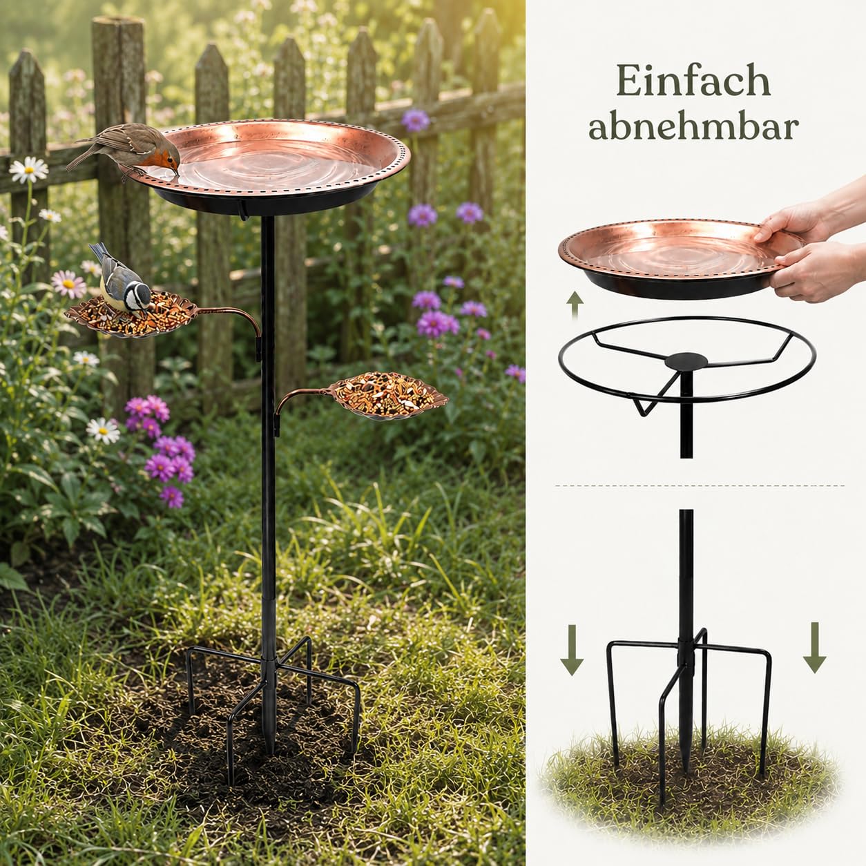 Vogeltränke mit Futterschalen, 89 cm Vogelbad Stehend für Garten, Metall Vogeltränke für Wildvögel, Wetterfest & Rostbeständig, Abnehmbare Wasserschale, Stabile 5-Zinken-Basis, Vogel Futterstation