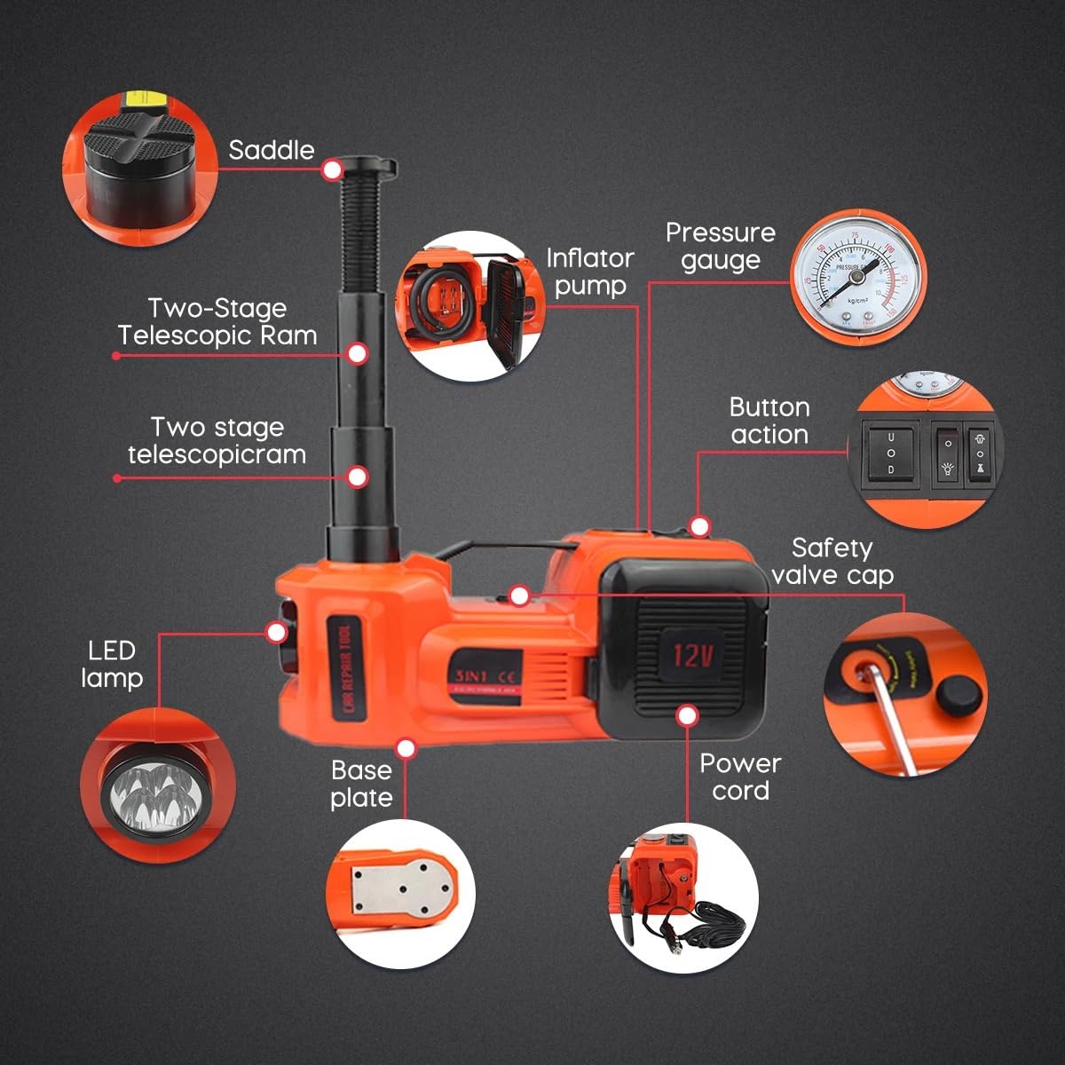 Podnośnik samochodowy 12 V 5 T 45 cm Hydrauliczne rolowanie podłogi 3 w 1 | Bezpieczny młotek do pompowania opon Jack