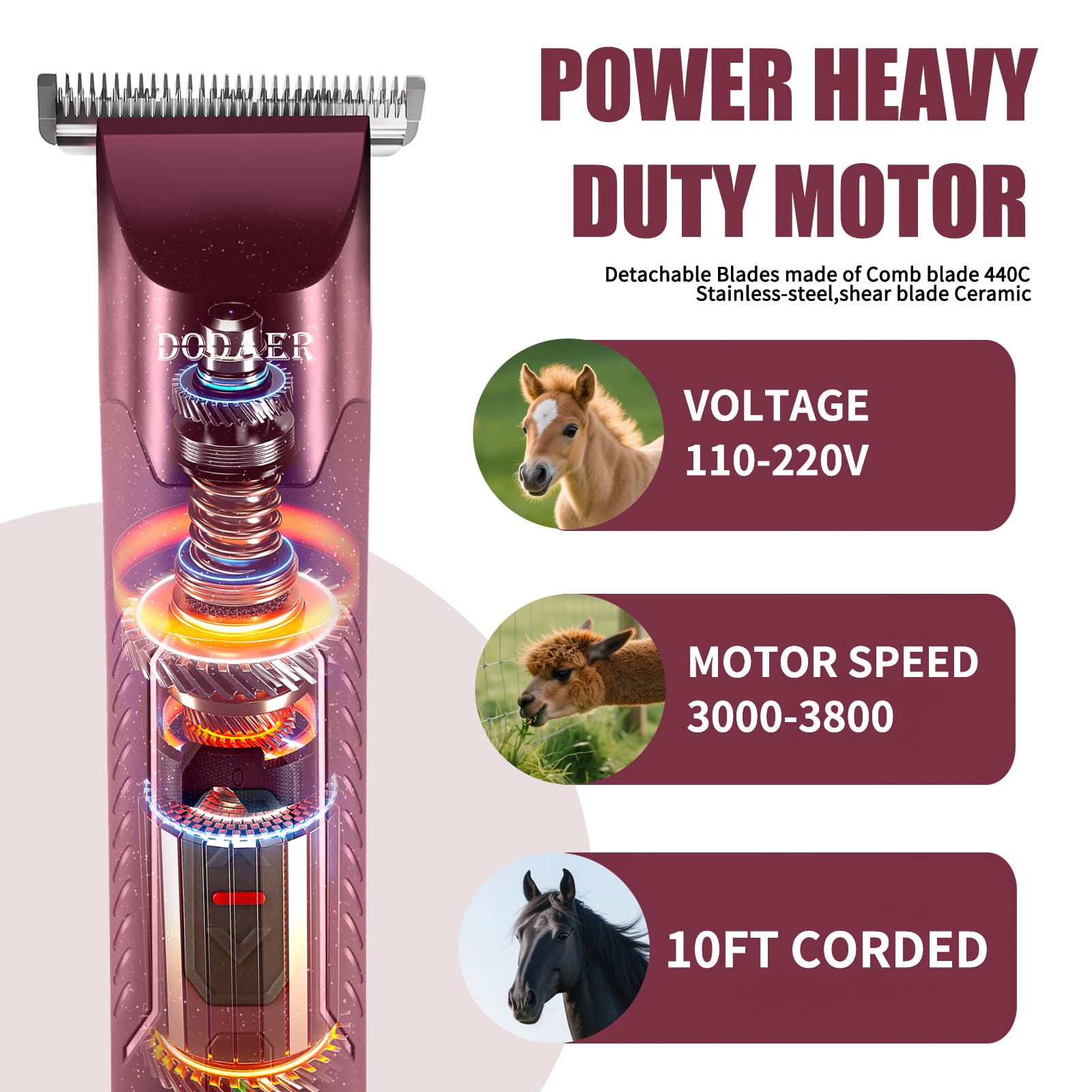 Professional Grooming Electric Corded 2-Speed Horse Clipper with Detachable Blade, Cool & Quiet Running Design - Image 2