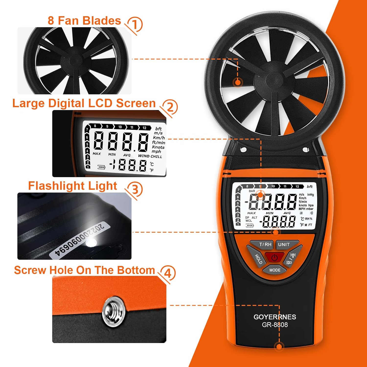 Handheld Anemometer with Tripod, for Wind Speed Temp Humidity, Digital Rechargeable Air Flow Gauge Meter, Portable CFM Measuring Device for HVAC Outdoor Shooting Golf Drone Flying