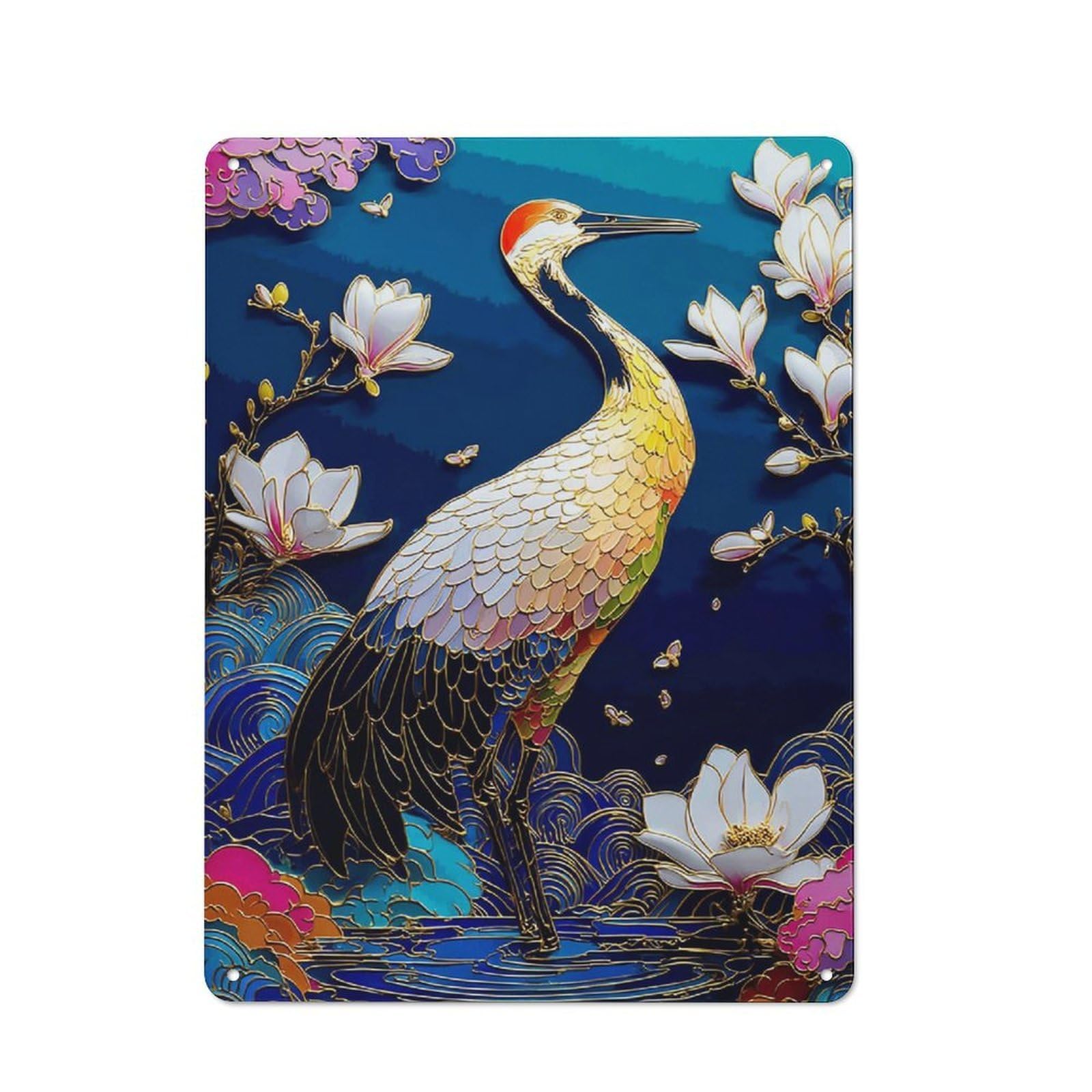 Junmoney Golden Crane With Magnolia Blossoms Tin Wall Plaque 40X30cm With For Hallway Wall, For Home Interiors, Feature Walls And Decorative Displays