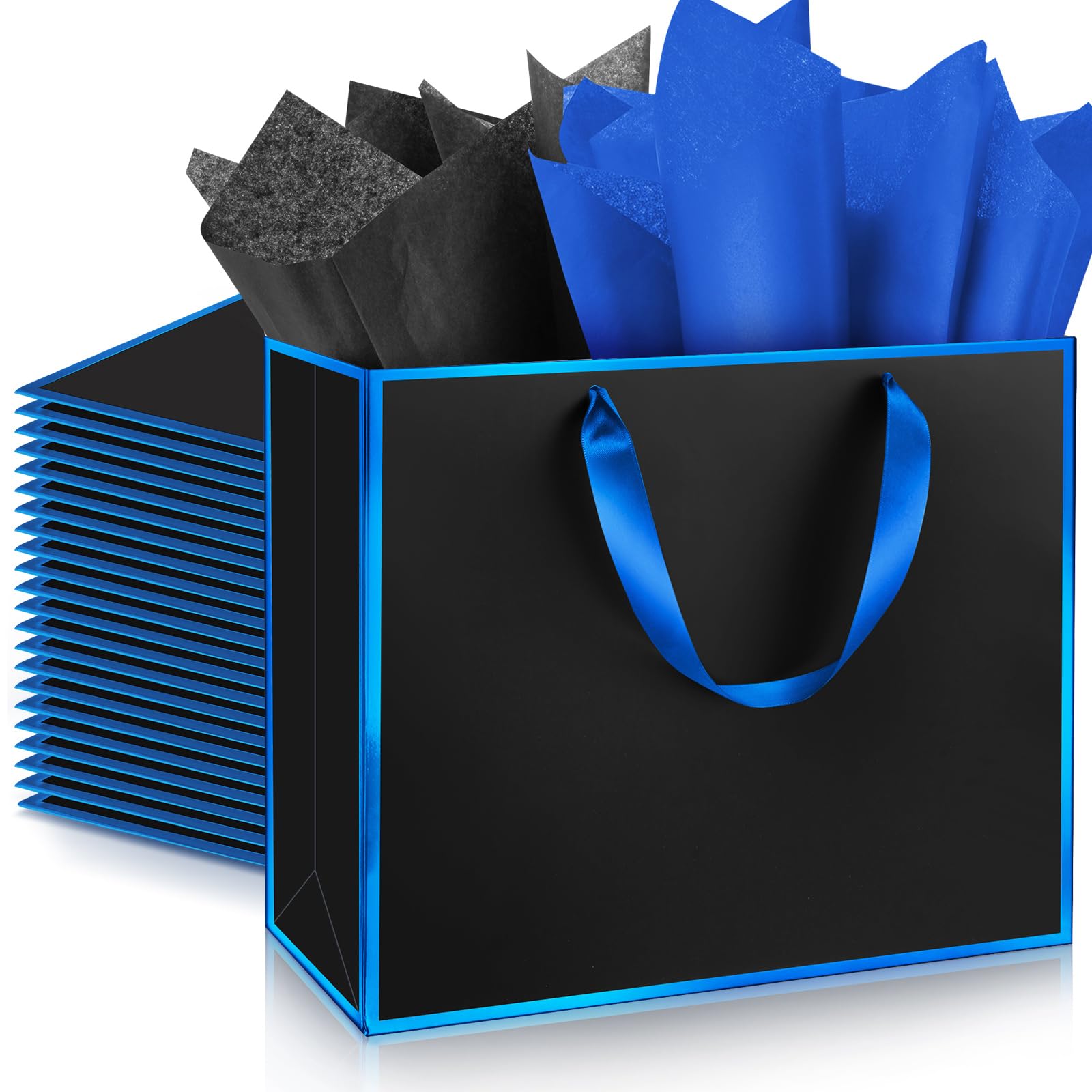 ReliThick 12 Pack Paper Gift Bags with Handles Tissue,Black, Blue