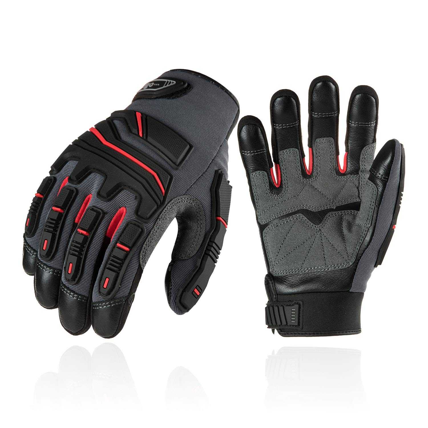 Vgo... 1-Pair Grain Cowhide Leather Heavy Duty Mechanic Work Gloves, Touchscreen Compatible (Size L, Red, CA9730HL)