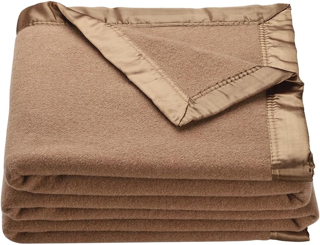 OakRidge Heirloom Merino Wool Blanket – 100% Australian Wool with Vintage Satin Edges – Breathable, Odor-Resistant, All-Season Bedding in Full/Queen Size – Tan Cozy Throw for Home or Travel