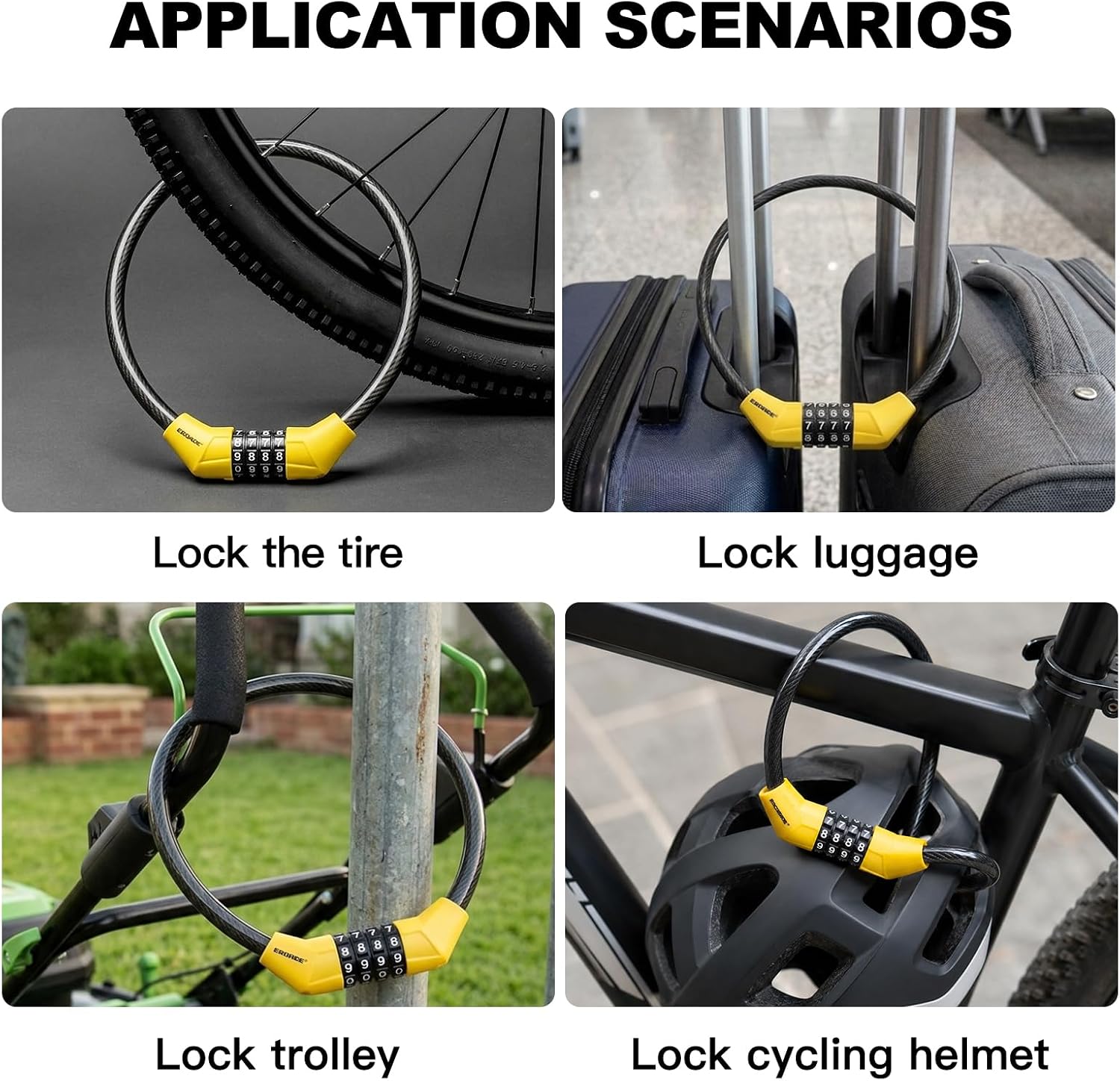 EROADE Bike Cable Lock for Kids Anti-Theft 4-Digit Combination Bike Lock 3Ft Steel Cable Lock for Bicycle Motorcycle Electric Scooter E Bike (4-digit-3ft)