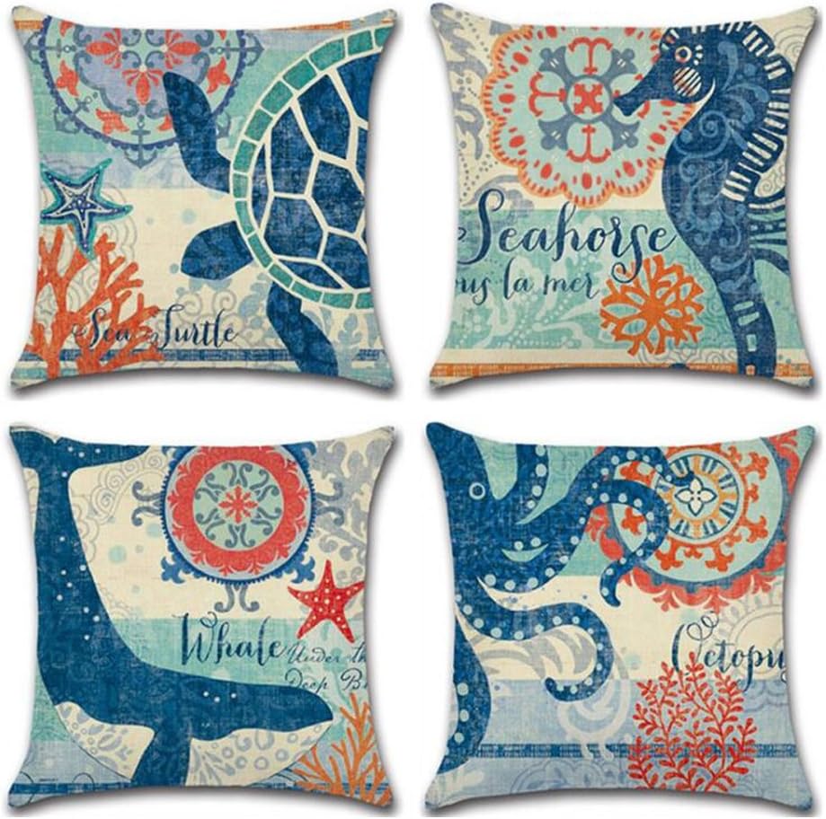 ULOVE LOVE YOURSELF Ocean Theme Square Pillow Case Mediterranean Style Decorative Cotton Linen Throw Coastal Cushion Cover Sets 18 X 18 Inch Pillow Covers, 4 Pack Nautical Pillow Covers (Sea Theme-2)