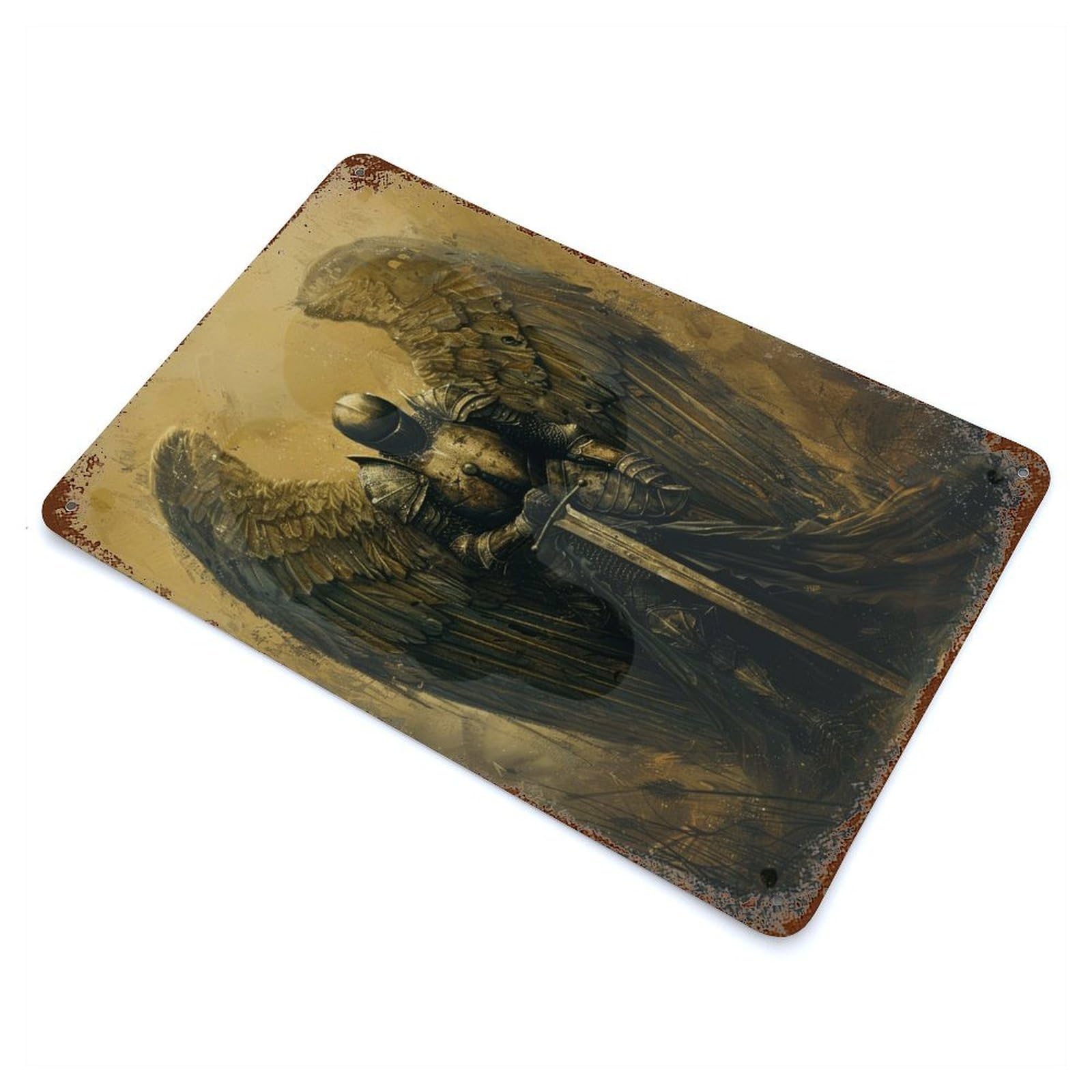 Rust Effect Angelic Sentinel Rusty Metal Tin Sign 11.8"x7.9", Old School Wall Decor for Pub, Kitchen And Man Cave Decor