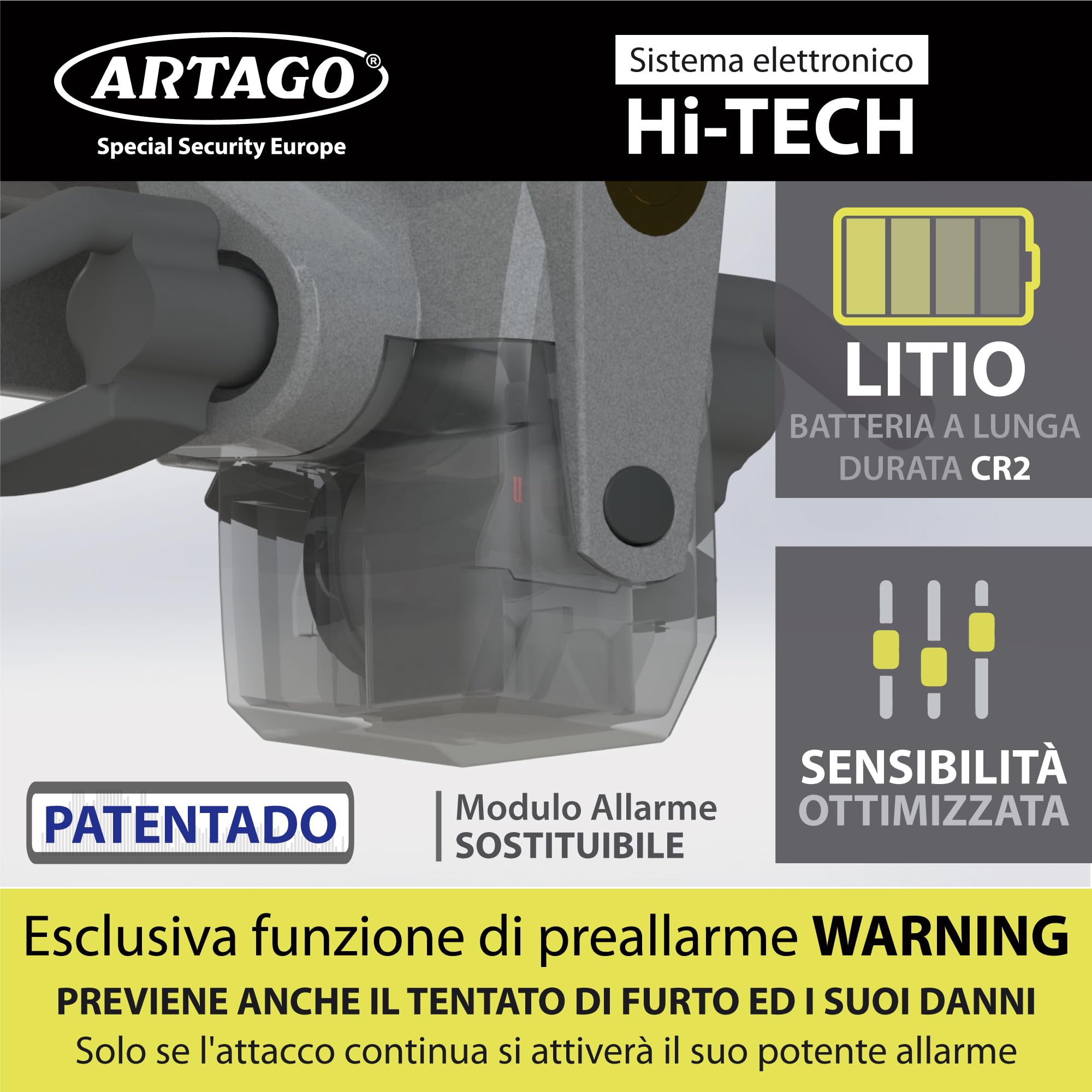 ARTAGO 870 Antifurto Auto Alta Gamma, Blocca Sterzo 2en1, Allarme Intelligente 120dB LED Notte, Bloccasterzo Meccanico Sonoro