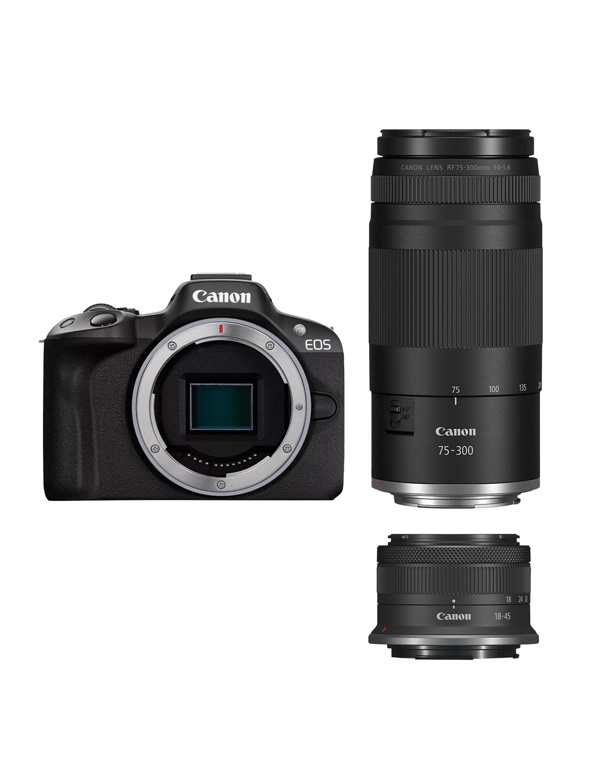 Canon EOS R50 Appareil Photo Hybride + Objectif RF-S 18-45mm + RF 75-300mm Kit Double Zoom - Appareil Photo numérique avec autofocus + détection de scène et des Visages, Animaux véhicules Vidéo 4k