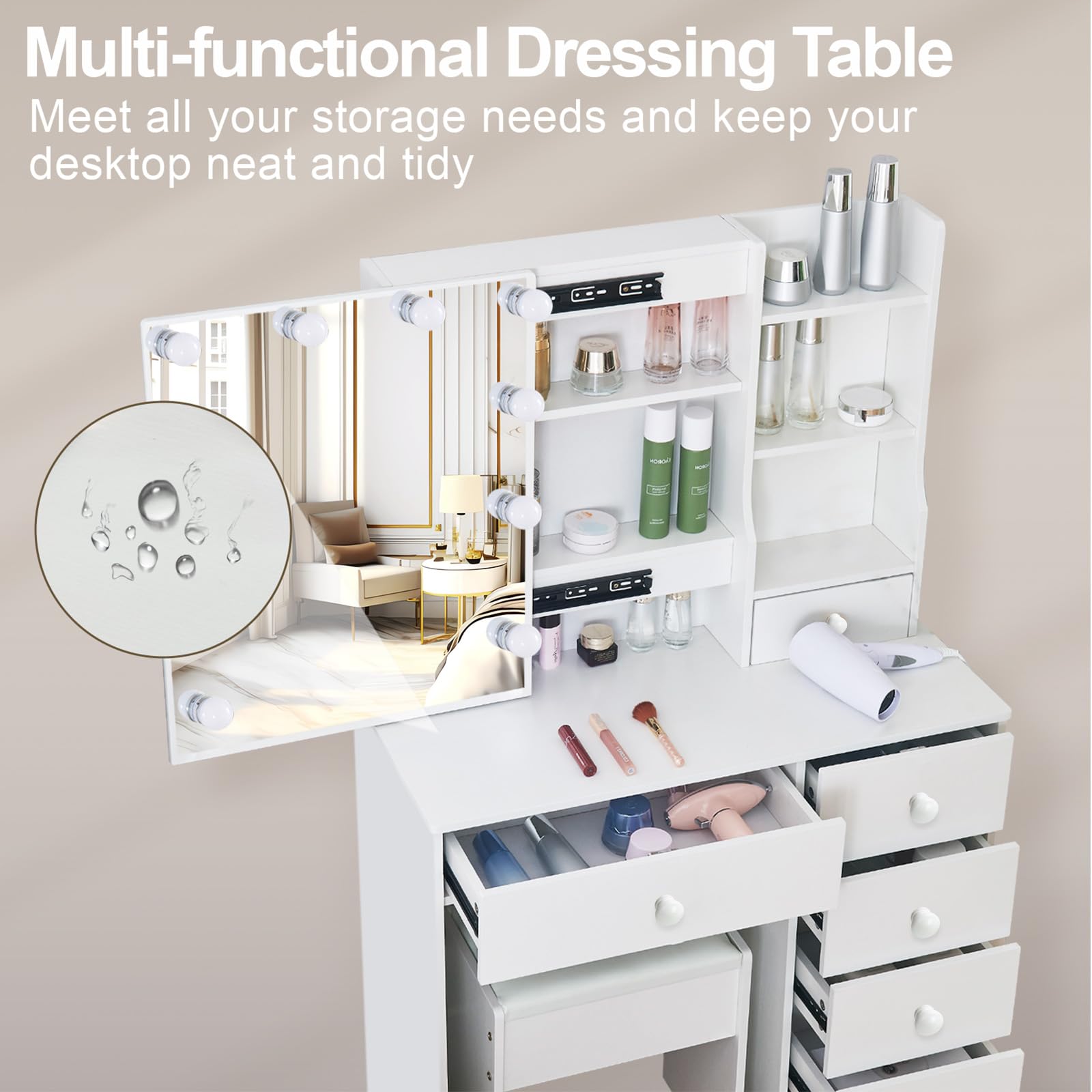 Tavolo da toeletta con illuminazione LED, tavolo da trucco con specchio per il make-up, tavolo da toeletta con specchio, 3 colori con luminosità regolabile, Bianco - M41