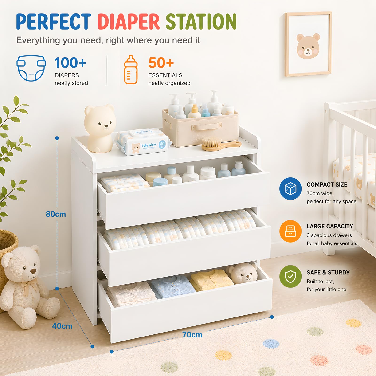 Cómoda Cambiadora Blanca 3 Cajones, Cajonera Blanca para Habitación Infantil y Dormitorio de Padres, Mueble de Almacenaje con Borde Elevado 5 cm, Melamina, 70 x 40 x 80,5 cm