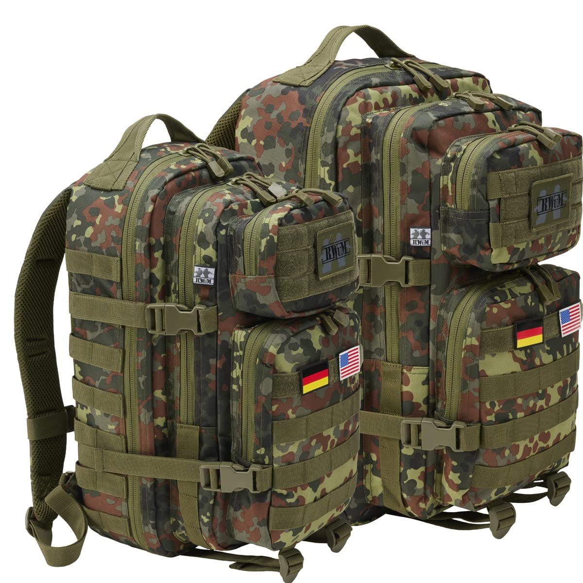 BWuM US Assault Pack Cooper Rucksack + Patch & Flaggen, Größe:Medium (30L), Farbe:Flecktarn