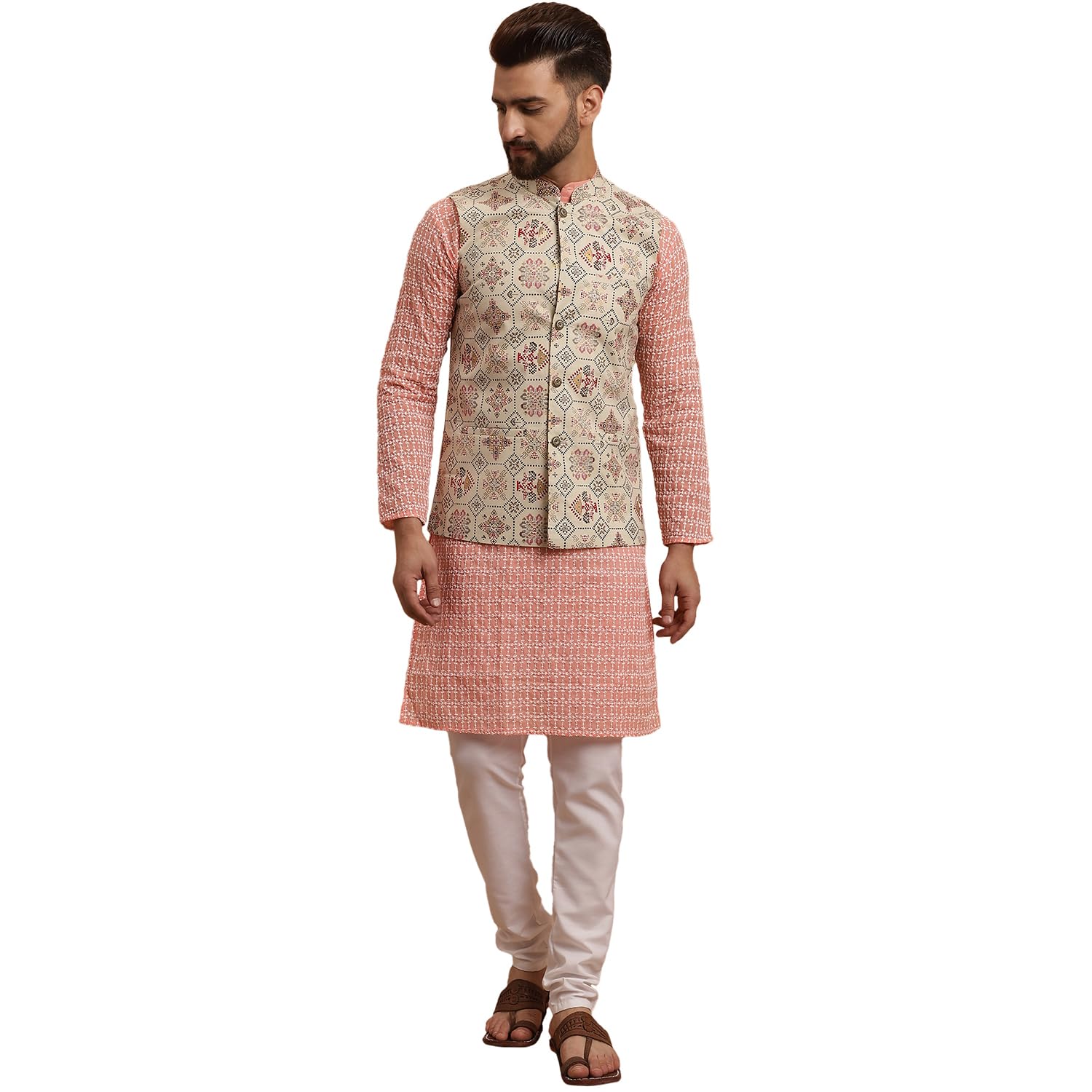 sojanya (Since 1958 Men's Pure Cotton Peach Kurta and White Pyjama with Orange Cotton Nehru Jacket-picture-33