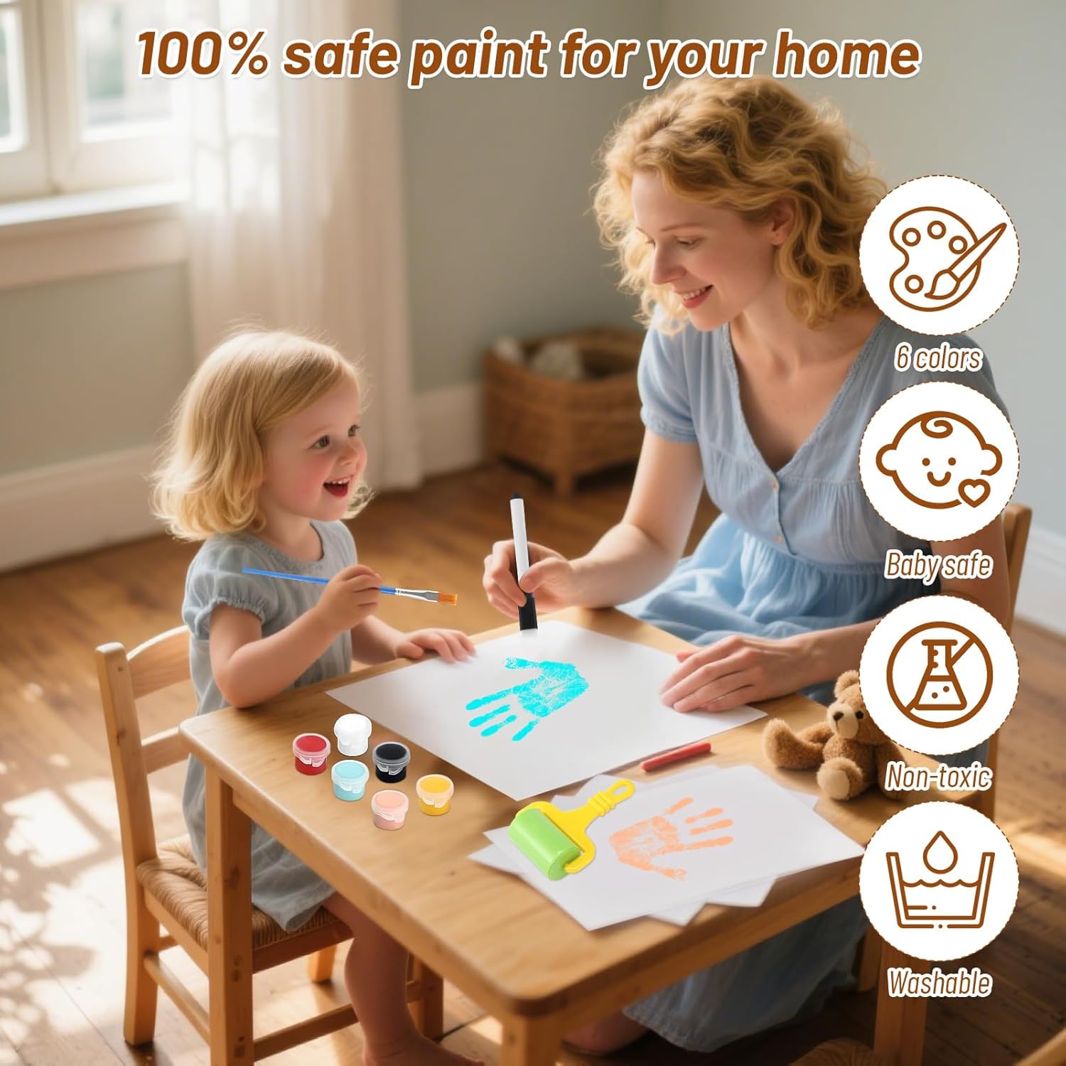 Tapvai Familien Handabdruck Set,mit Platz für 4,Bastel-Fotorahmen aus Holz Handabdruck Set,mit 6 Acrylfarben,für Werdende und Frischgebackene Eltern | aus Holz Handabdruck Set,mit 6 Acrylfarben,für Werdende und Frischgebackene Eltern