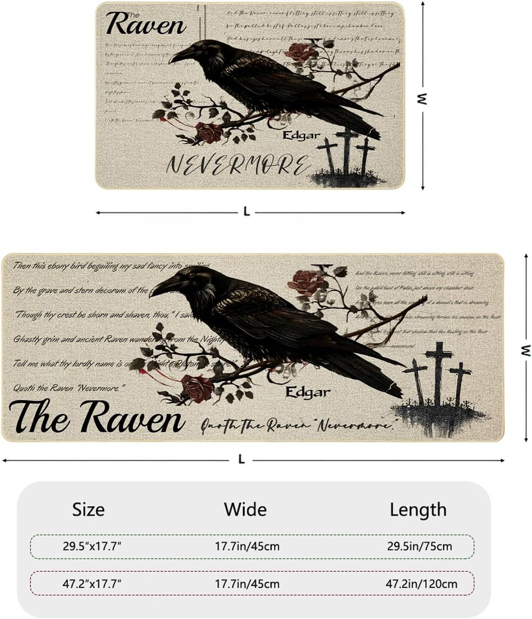 YWMAN Edgar The Raven Kitchen Rugs Set of 2 - Washable Non-Slip Linen Floor Mats(17.7''x29.5''+17.7''x47'') - Kitchen Mats for Home Office Bedroom Bathroom Laundry