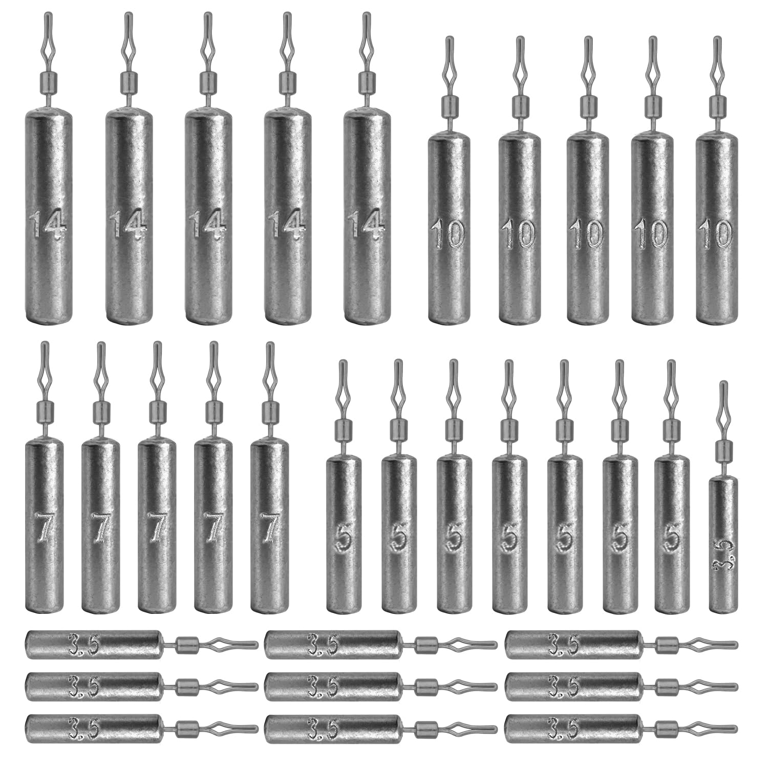 30pcs Fishing Weights Set - Silver Lead Cylinder Sinkers - 3.5g, 5g, 7g, 10g, 14g - Fishing Sinkers and Weights