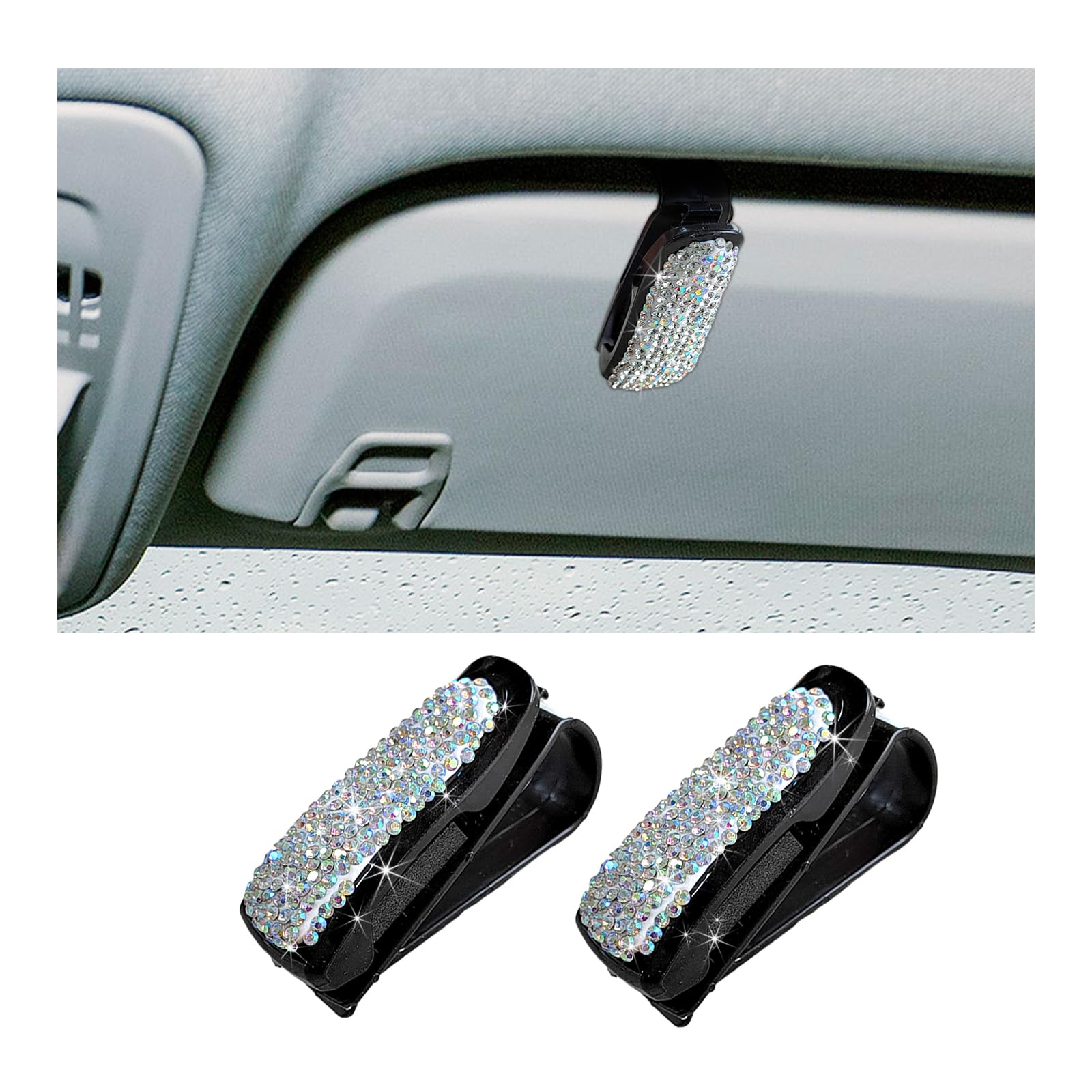 2 PCS Bling Sunglasses Holder for Car Sun Visor, Crystal Rhinestones Eyeglasses Hanger Mount with Ticket Card Clip, Universal Vehicle Visor Decor Accessories for Women (AB)