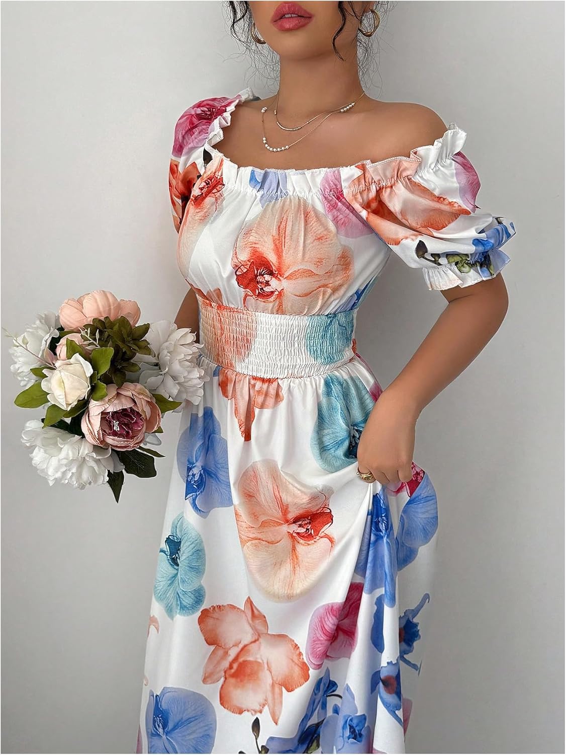 WDIRARA Women's Floral Ruffle Flowy Maxi Dress Square Neck Puff Sleeve Smocked A Line Dresses - Image 3