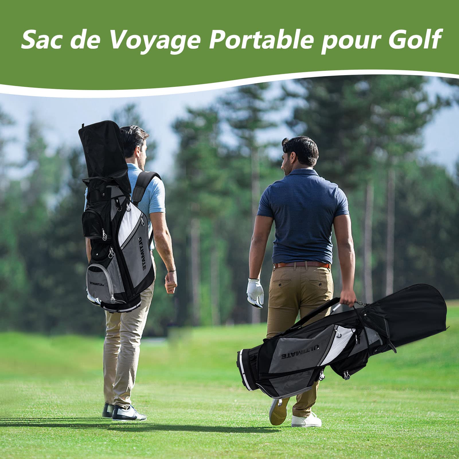 GOPLUS Sac de Chariot de Golf 14 Compartiments séparés avec Capuche Anti-Pluie, Sac de Voyage de Golf léger et Portable avec Housse Anti-poussière, bandoulière, Sac étanche pour Objets de Valeur