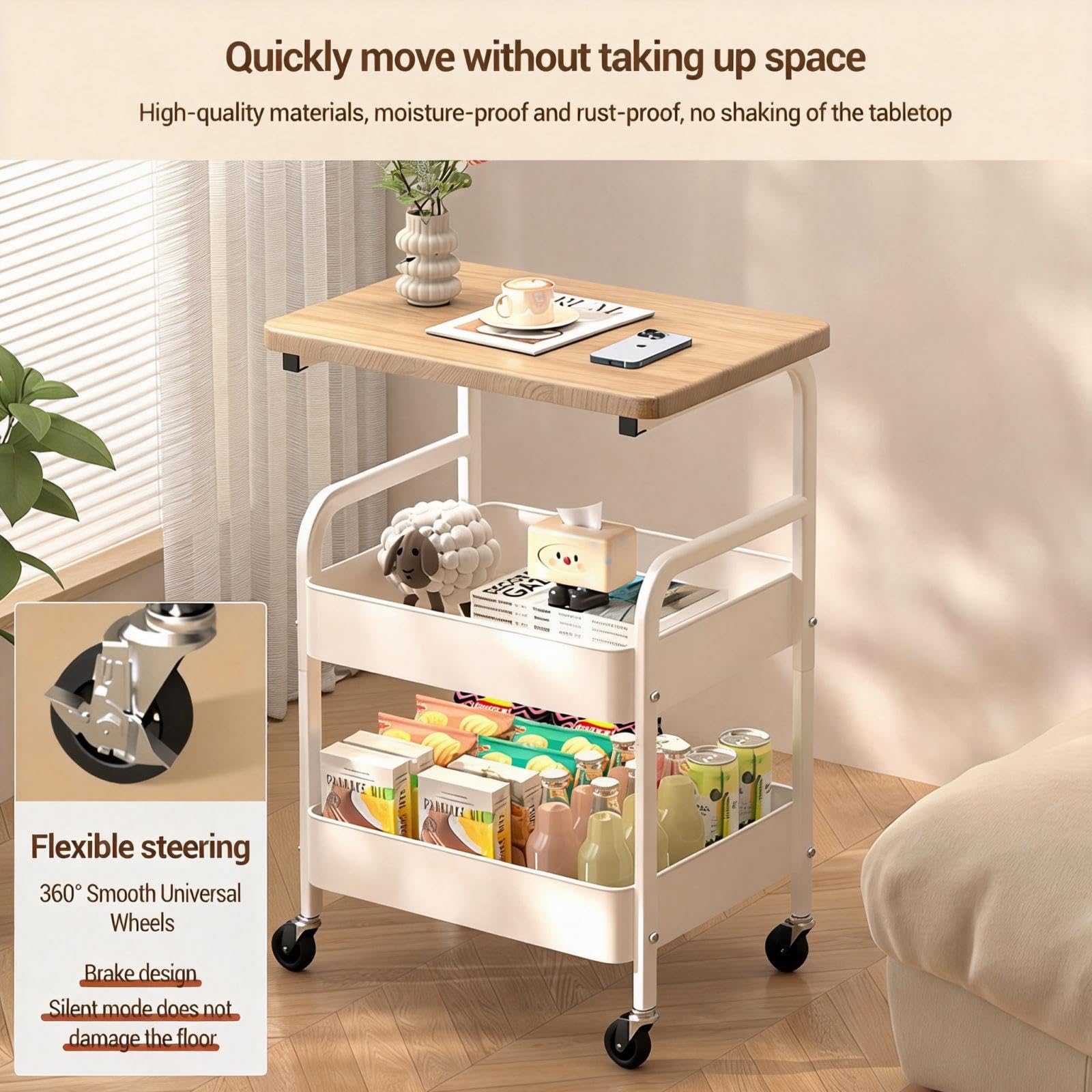 Garvee Carrito Multiusos Móvil De 3 Niveles con Tablero De Madera De Nogal, Estructura De Metal Resistente, 2 Ruedas Bloqueables, Organizador De Almacenamiento Multiusos
