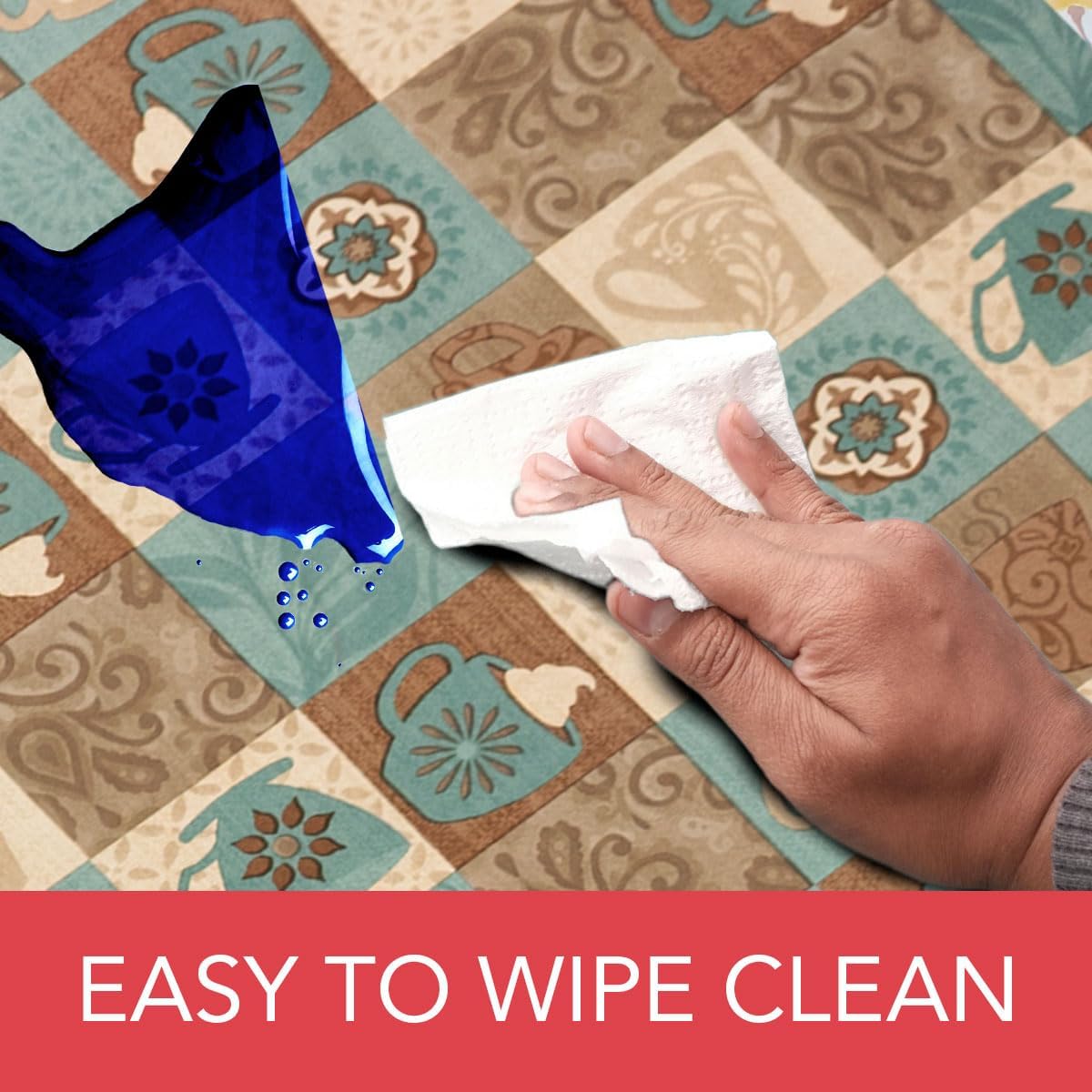 Covers For The Home Deluxe Elastic Edged Flannel Backed Vinyl Fitted Table Cover - Global Coffee Pattern - Extra Large Round Oblong Oval - Fits Tables up to 57" - 65"