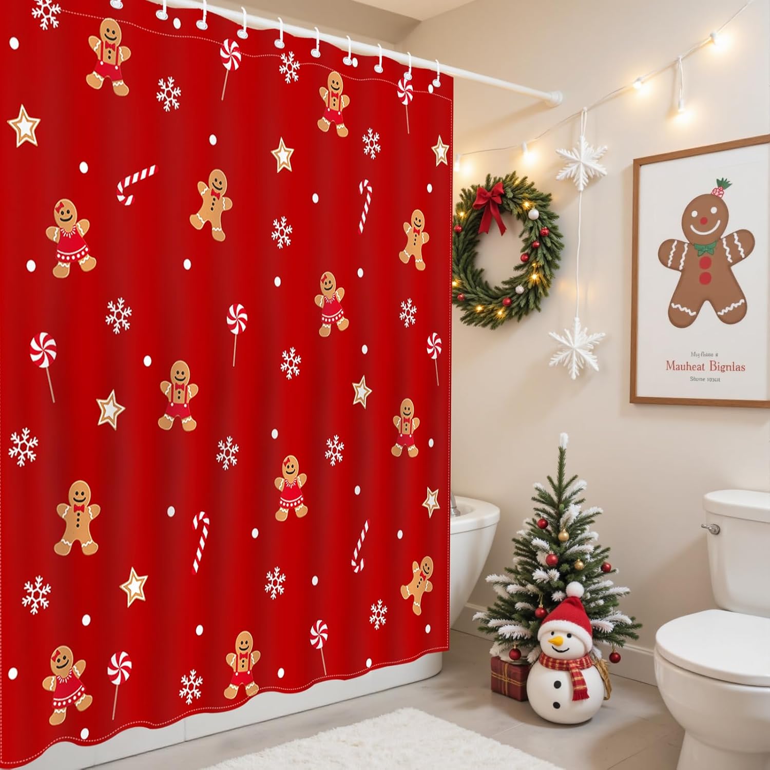 Mocsicka Christmas Shower Curtain Cute Gingerbread-Man Snowflake Shower Curtain for Christmas Bathroom Decor Xmas Candy Stars Holiday Home Decor Bath Curtain for Kids Girls, 72 X 72 Inch