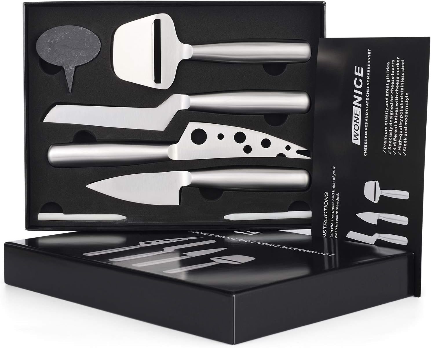 WoneNice Cheese Knives Set, Collection Cheese Knife Gifts Set with 3 Long Handle Cheese Knife & Cheese Slicer For All Types of Cheese