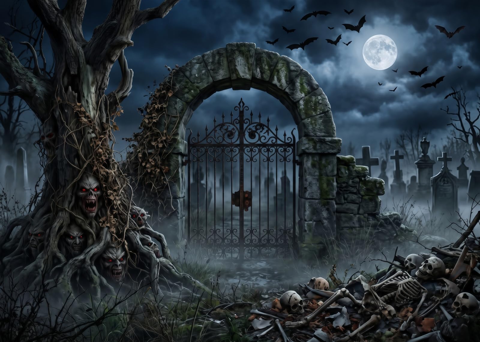 BELECO 3.6x2.5m Tessuto Sfondo Halloween Arco Pietra Spaventoso Cimitero | Albero Demonio Spaventoso Scheletro Teschio Lapide Luna Piena Pipistrello Cimitero Nebbioso Sfondo Telo Di Sfondo