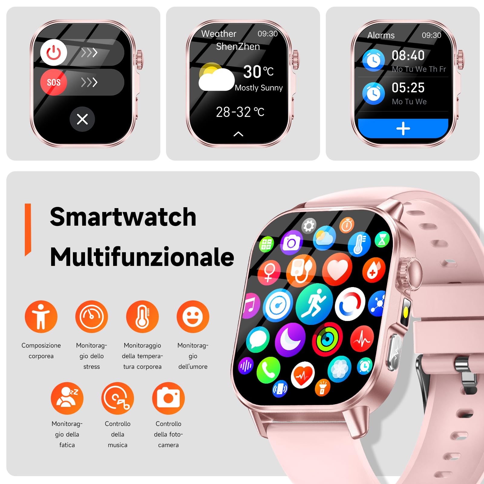 2026 Nuovo Smartwatch Donna con ECG/Pressione Sanguigna/Sonno/Acido Urico/Temperatura/HRV/Cardiofrequenzimetro/BMI/Emozioni/Fatica, 2,0"Orologio Salutare con Torcia LED/Funzione Telefono/Pulsante SOS