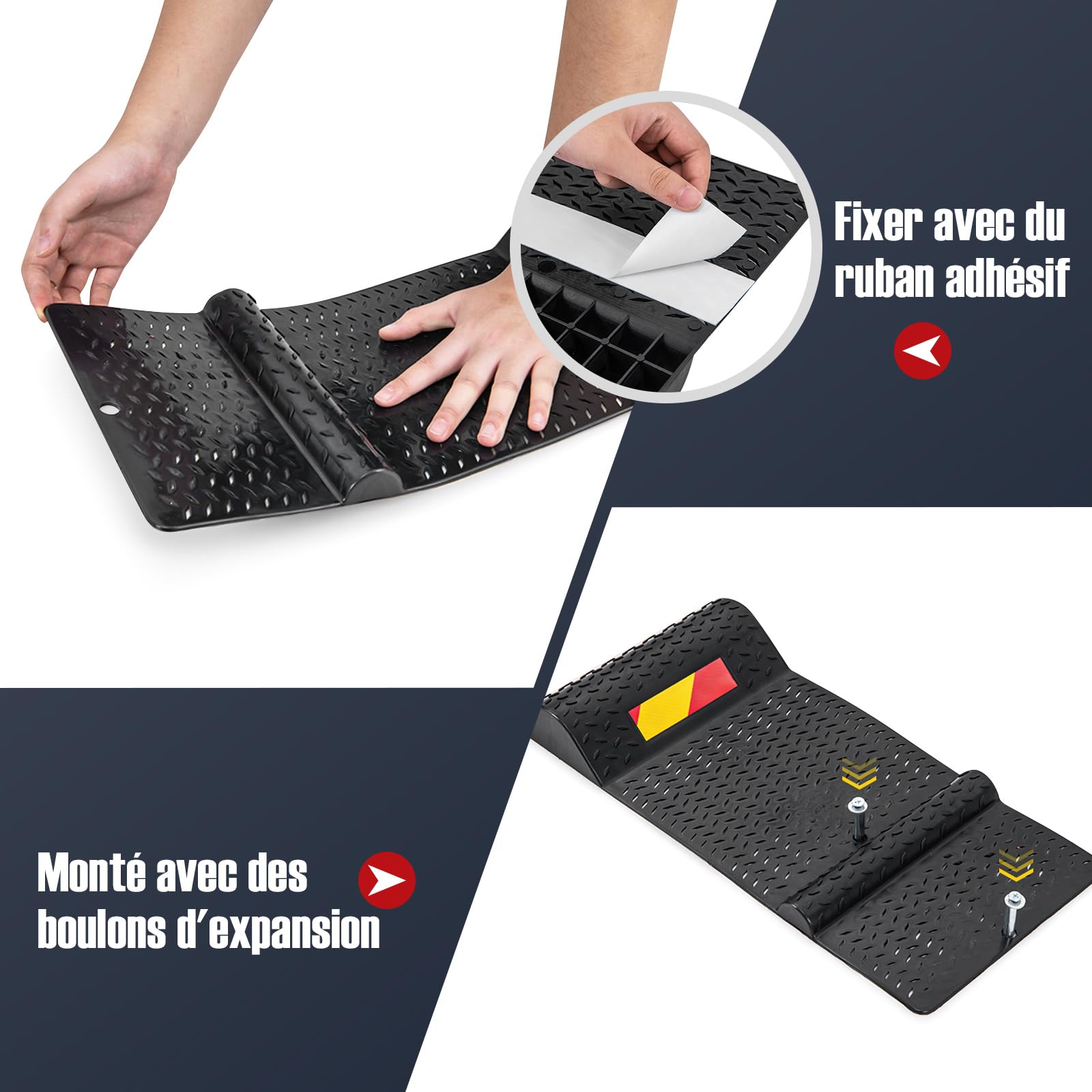 COSTWAY Lot de 2 Butée de Roue Antidérapant pour Garage, Tapis Aide au Stationnement avec Bande d'Avertissement, Guide des Pneus pour Plupart des Véhicules 53 x 25,5 x 5 cm, Noir