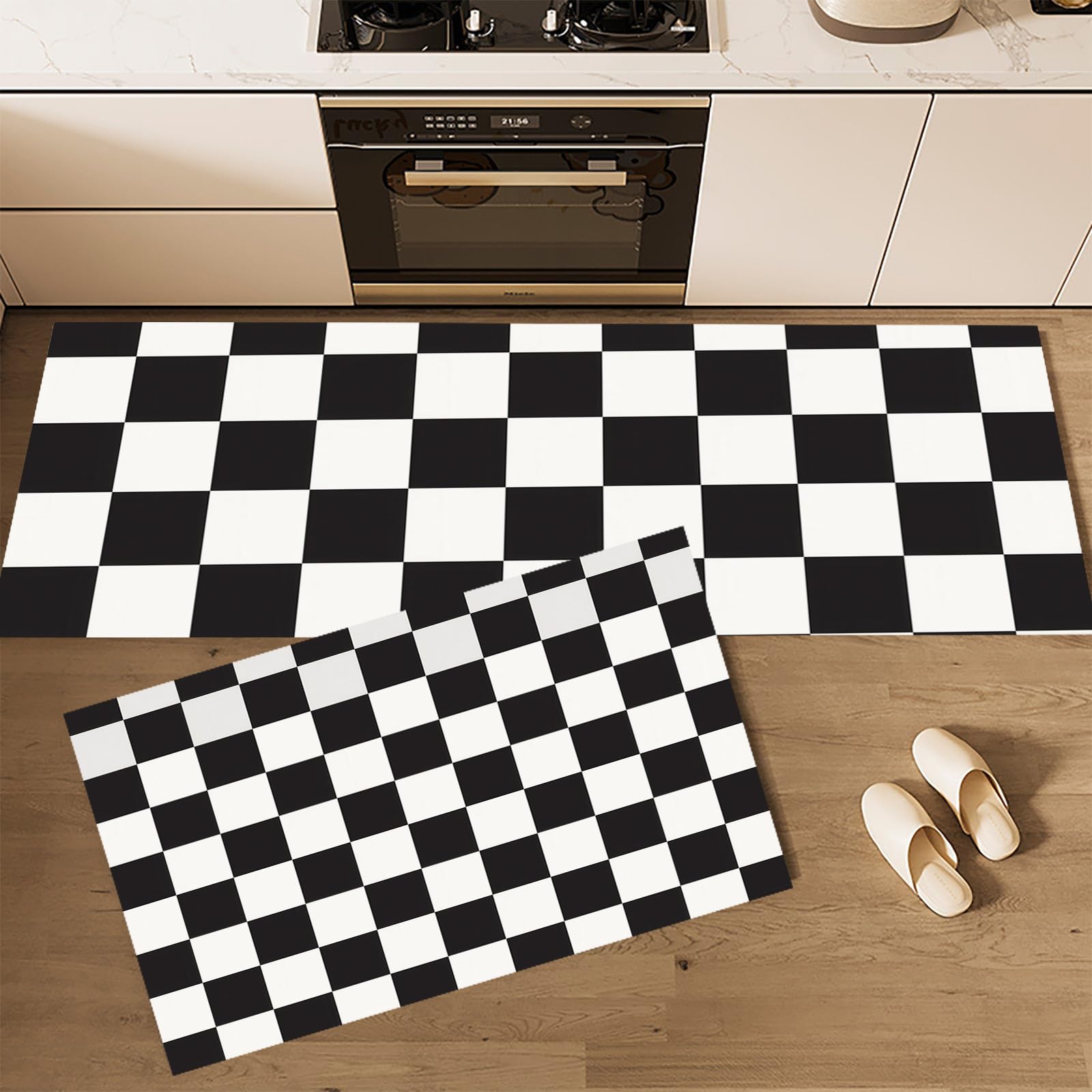 Juego de alfombras de cocina de 2 piezas con medidas de 43x75cm y 43x150cm en color negro