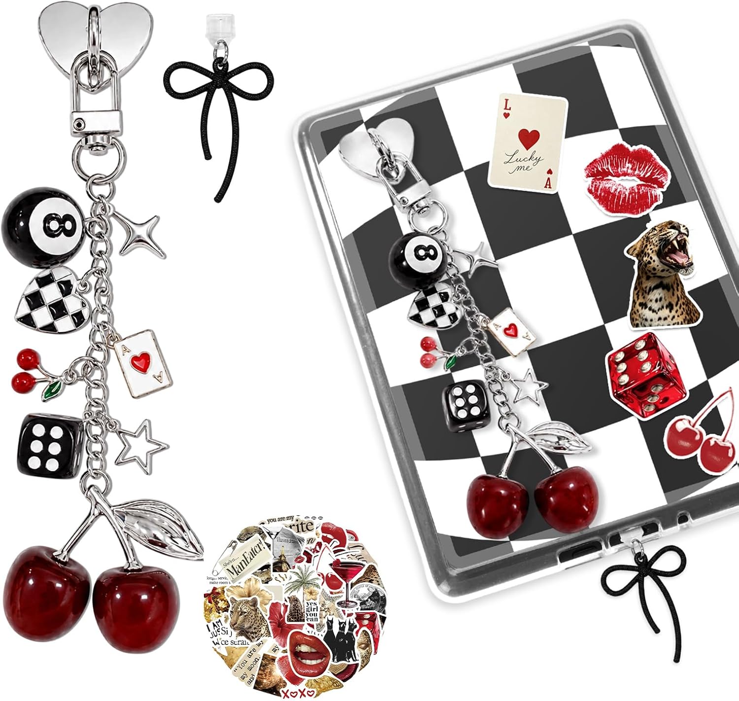 Charm Chains for Kindle, Cute Charms Bracelets with Dust Plug and Stickers for E-book Reader Lightweight Kindle Accessories for Bookish Reading Lover Gift (Bow)