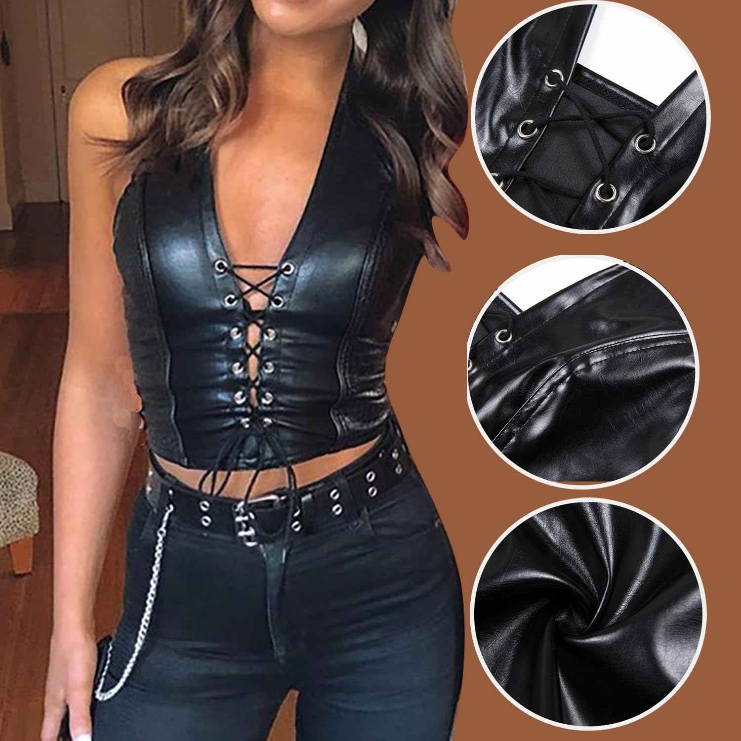 KFLY Débardeur corset sexy en cuir - Col en V profond - Pour femme - Y2k - Style gothique - PU - Haut ventre nu - Clubwear