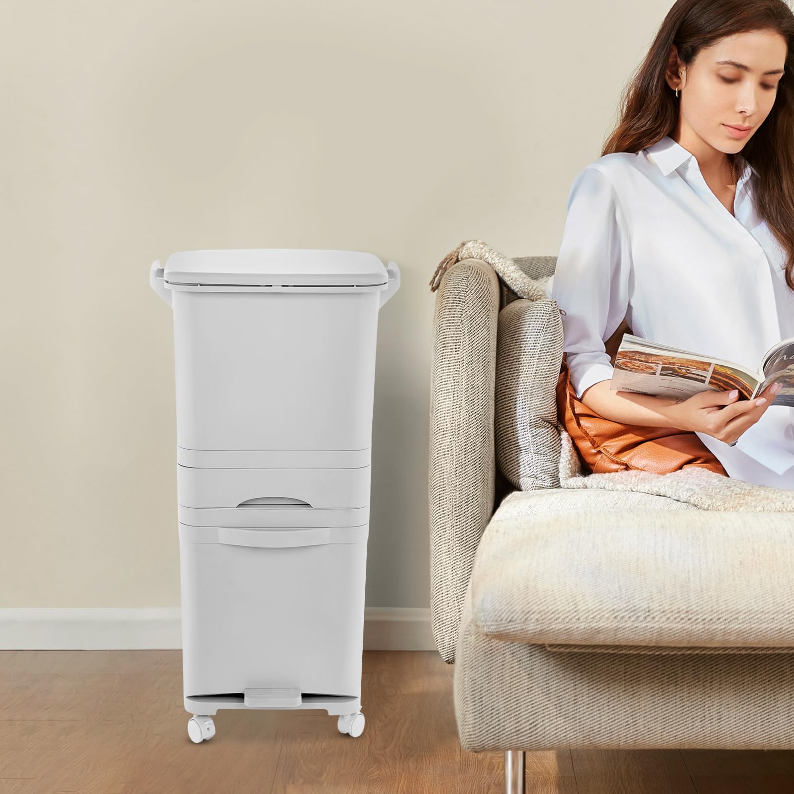 Papelera de cocina 42L con 3 compartimentos, papelera de cocina, papelera de separación de residuos secos y húmedos con ruedas, papelera con pedal y tapa sobre ruedas para cocina, hogar y