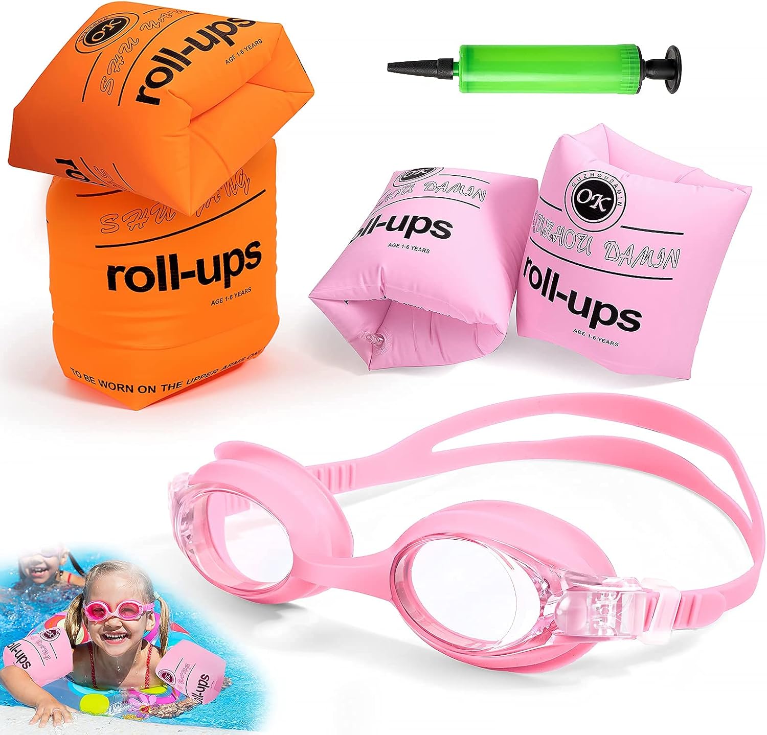 Arm Floaties for Kids,Swim Trainer Floaties and Kid's Swimming Goggles with Anti-Fog and Anti-UV(4 Pack),PVC Arm Floaties Inflatable Swim Arm Bands Floater Sleeves Children's Swimming Ring