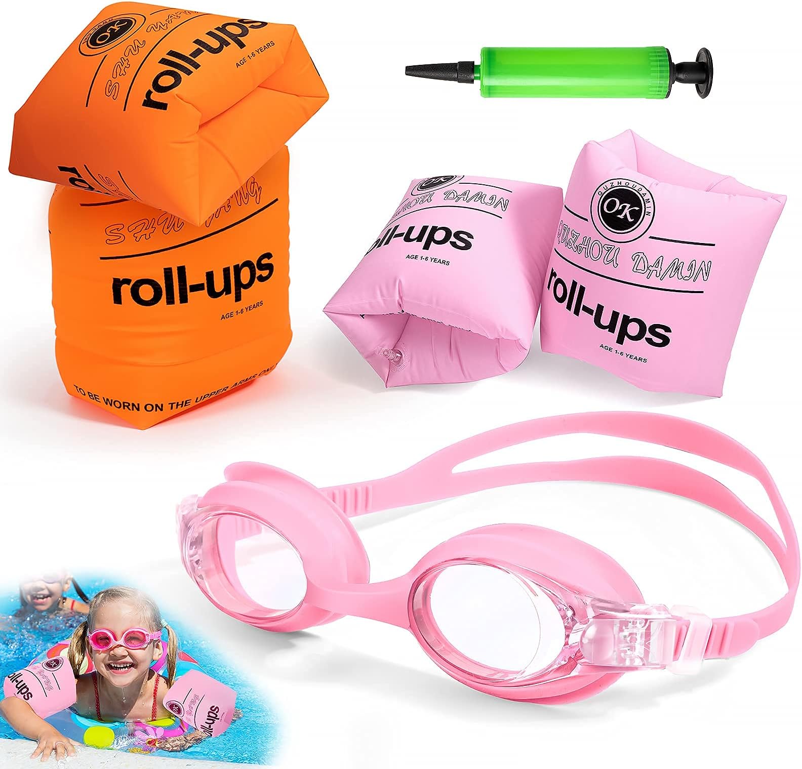 Arm Floaties for Kids,Swim Trainer Floaties and Kid's Swimming Goggles with Anti-Fog and Anti-UV(4 Pack),PVC Arm Floaties Inflatable Swim Arm Bands Floater Sleeves Children's Swimming Ring
