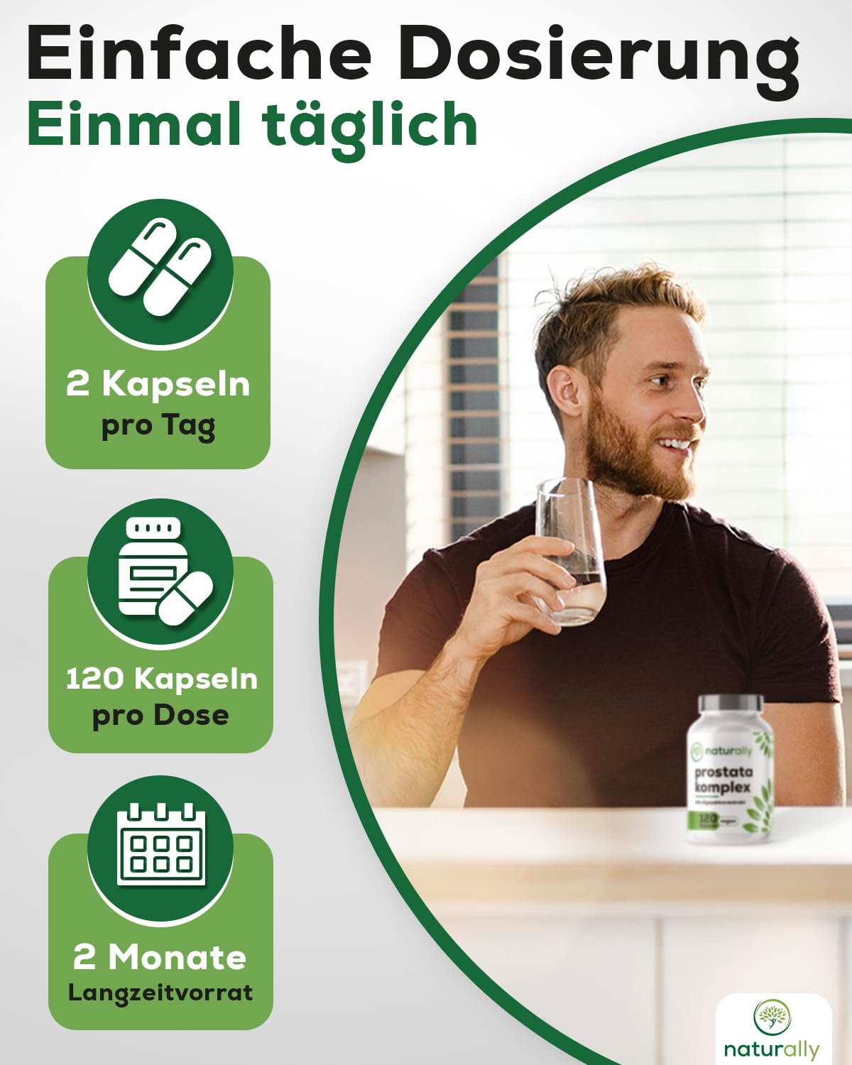 naturally Prostata Komplex Kapseln mit Sägepalmenextrakt hochdosiert – Prostata Kapseln mit Kürbiskern, Brennnessel, Vitamin E, Zink, Selen für Männer [120 Stk] – vegan, prosta vit, Sägepalme