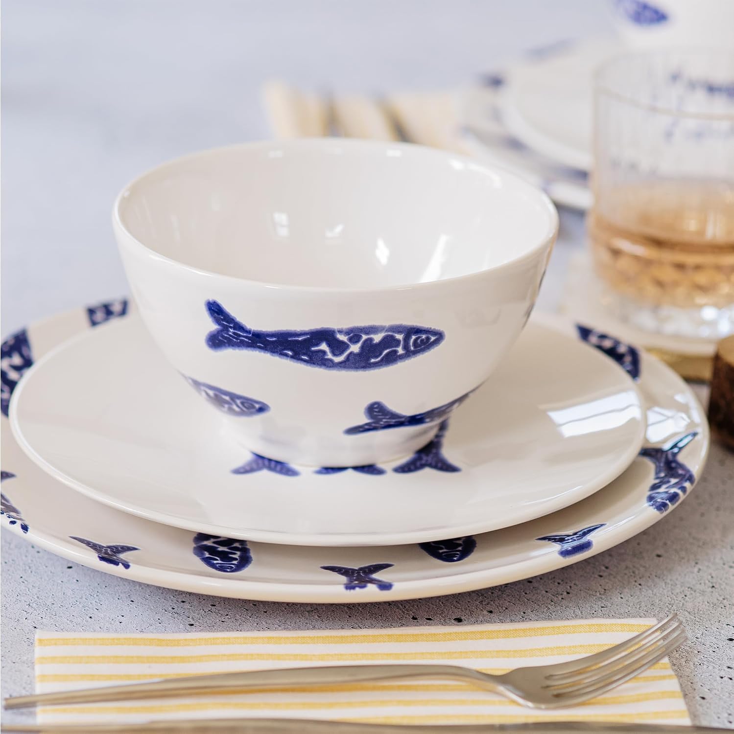 Vietri Santorini Minnows Cereal/Soup Bowl - 6" D, 3.25" H Italian Hard Ceramic - Ice Cream Fruit & Salad Dish, Blue/White