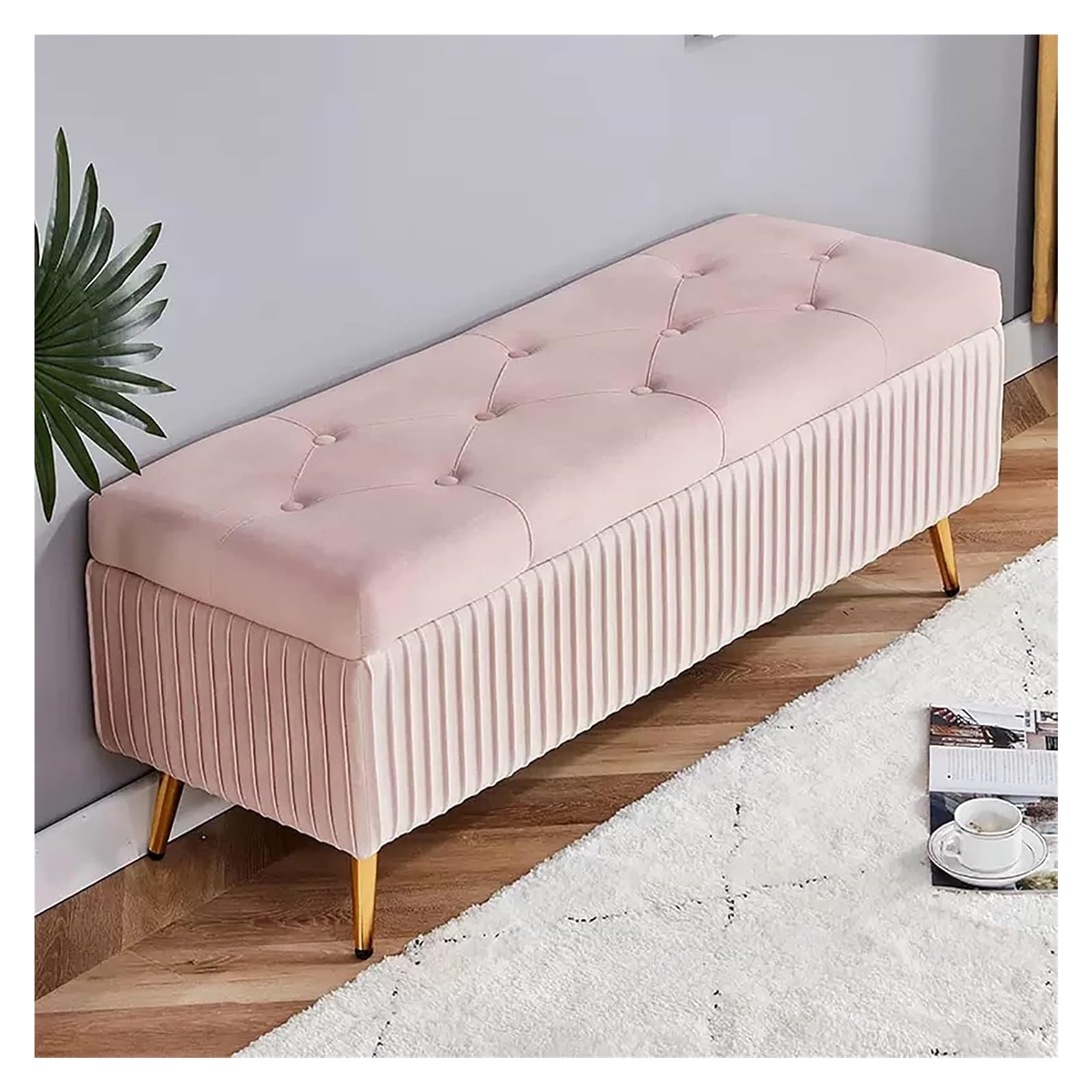 LMMIAOZ Velvet Storage Bench with Gold Metal Legs Pink Ottoman Bench for Living Room Entryway Stylish Foot Rest with Storage 80x40x45cm