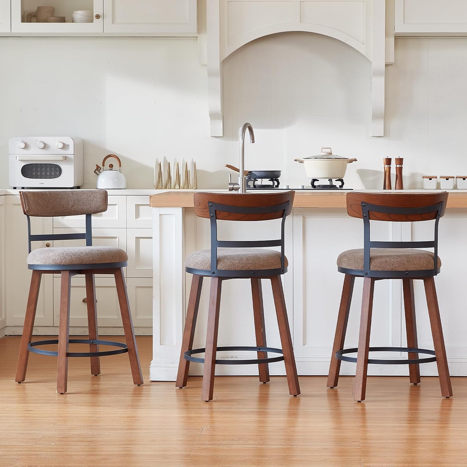 Modern Bar Stools Set of 3, 26" Thick Upholstered Barstools with Curved Frabic Backrest&Solid Wood Legs&Matte Metal Frame, Counter Height Bar Stools for Kicthen Island, Coffee
