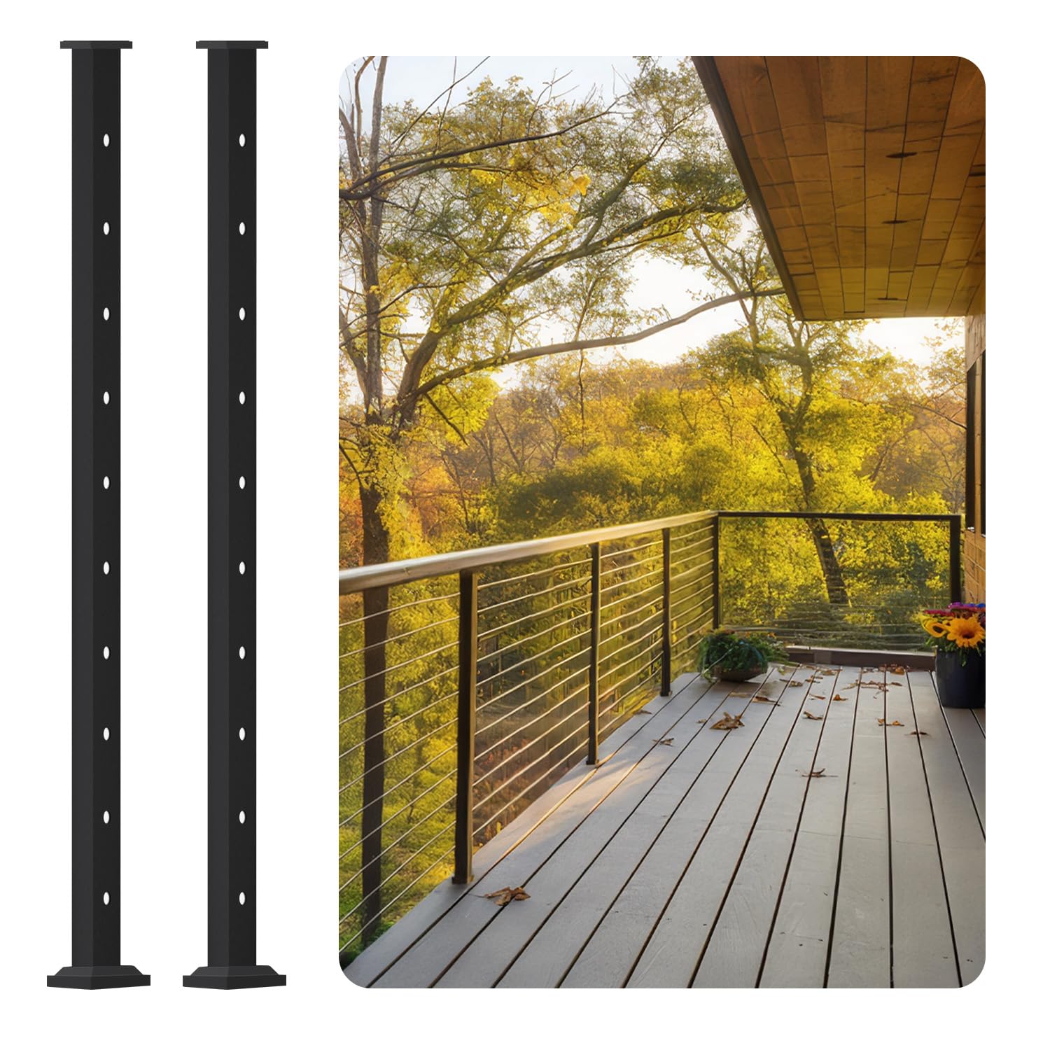 CR Fence & Rail Level Drilled Cable Railing Post, 2pcs 36 inch Powder Coated Fence Post, Metal Posts for Cable Railing Kit, Black Metal Deck Railing Post for Indoor, Outdoor, Porch, & Balcony (36")