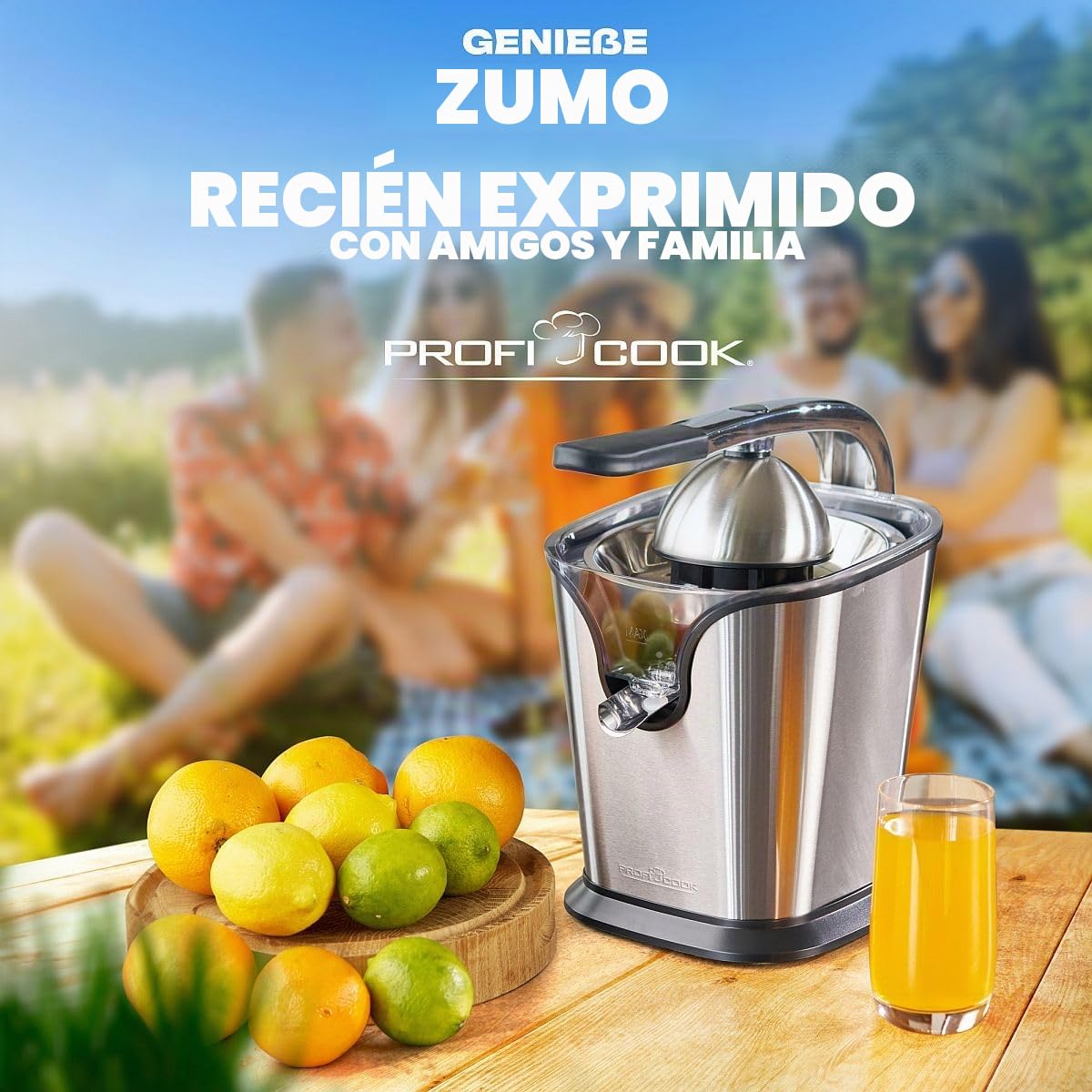 Proficook ZP 1154 - Exprimidor eléctrico zumo naranjas y limón con palanca, motor profesional, antigoteo, 2 conos, acabado en acero inoxidable 160W