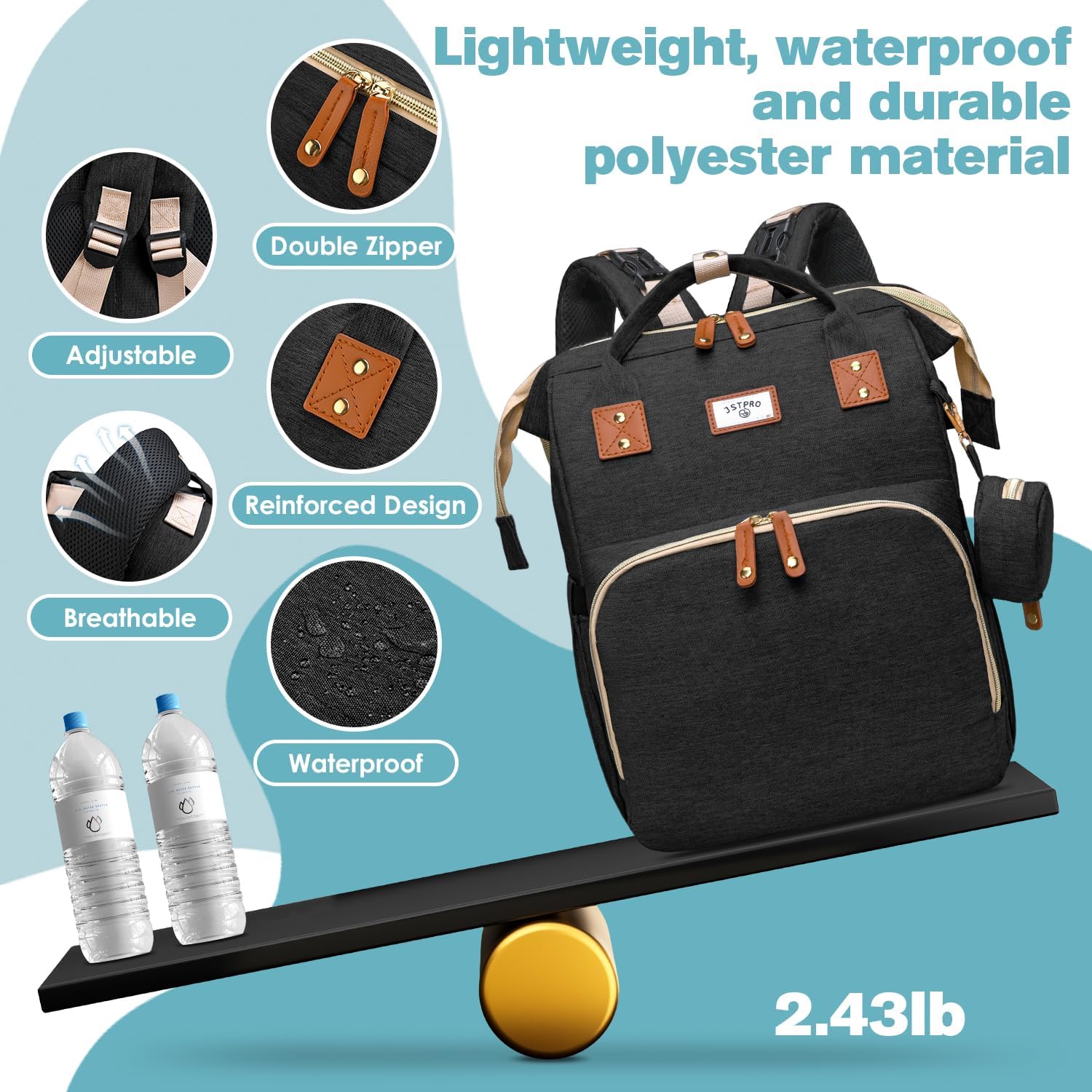 Diaper Bag Backpack, Large Waterproof Lightweight Diaper Bag with Changing Station, Insulated Pockets, USB Port, Travel Bag for Mom and Dad (Black)