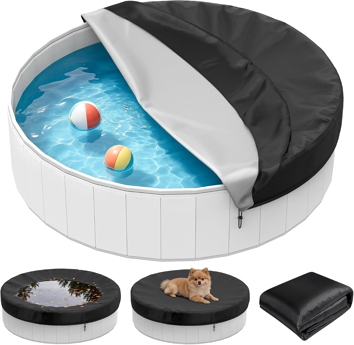 63" Round Dog Pool Cover, Fit Small Above Ground Inflatable/Frame Pools | Cover Fit for Pets /Kids Pool & Hot Tub & Stock Pool Tank, Waterproof, Windproof, Tear-Resistant, Anti-UV, Cuts Evaporation