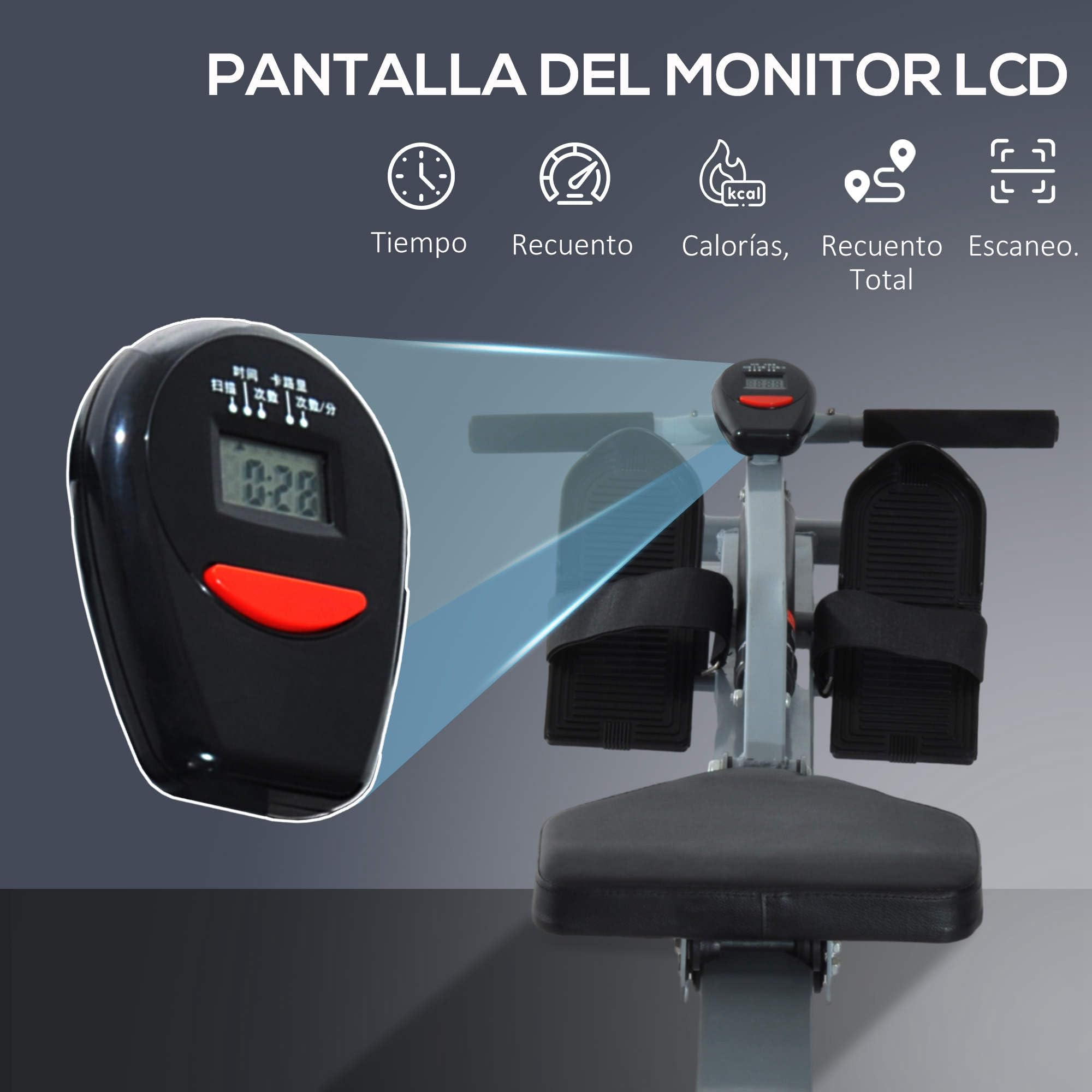 HOMCOM Máquina de Remo Resistencia Ajustable de 12 Niveles con Pantalla LCD para Fitness y Ejercicios de Musculación para Gimnasio en casa Equipo de Entrenamiento Interior