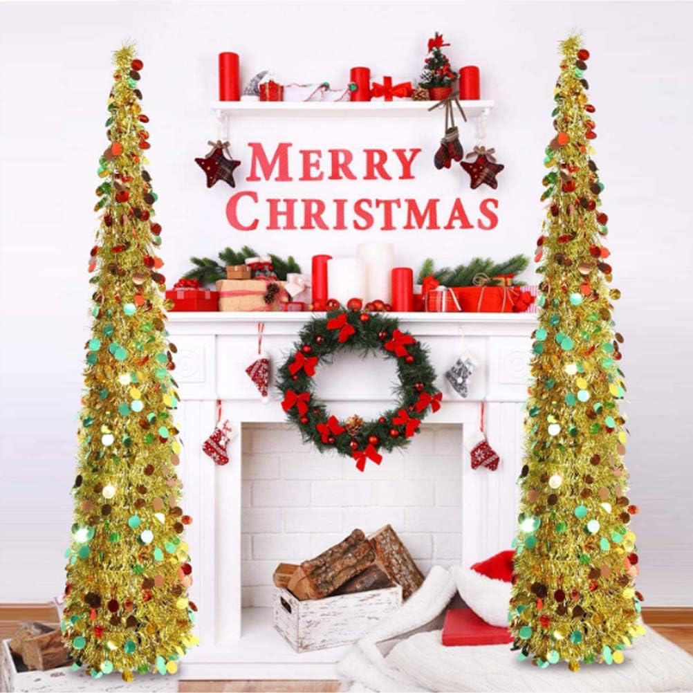 5ft Collapsible Artificial Christmas Tree,Sequin Pensil Tree for Apartment Home Office Store Holiday Decorations with 100 Color Lights Battery Operated 2 Modes