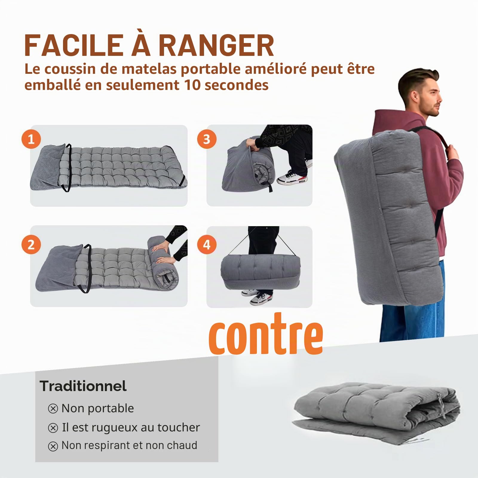 ATORPOK SHOP Lit de camping lit de camp pliable, Lit d'appoint pliable jusqu'à 200 kg, avec poche latérale, chaise longue de camping portable, extérieur, jardin, voyage, camping, intérieur (gris)
