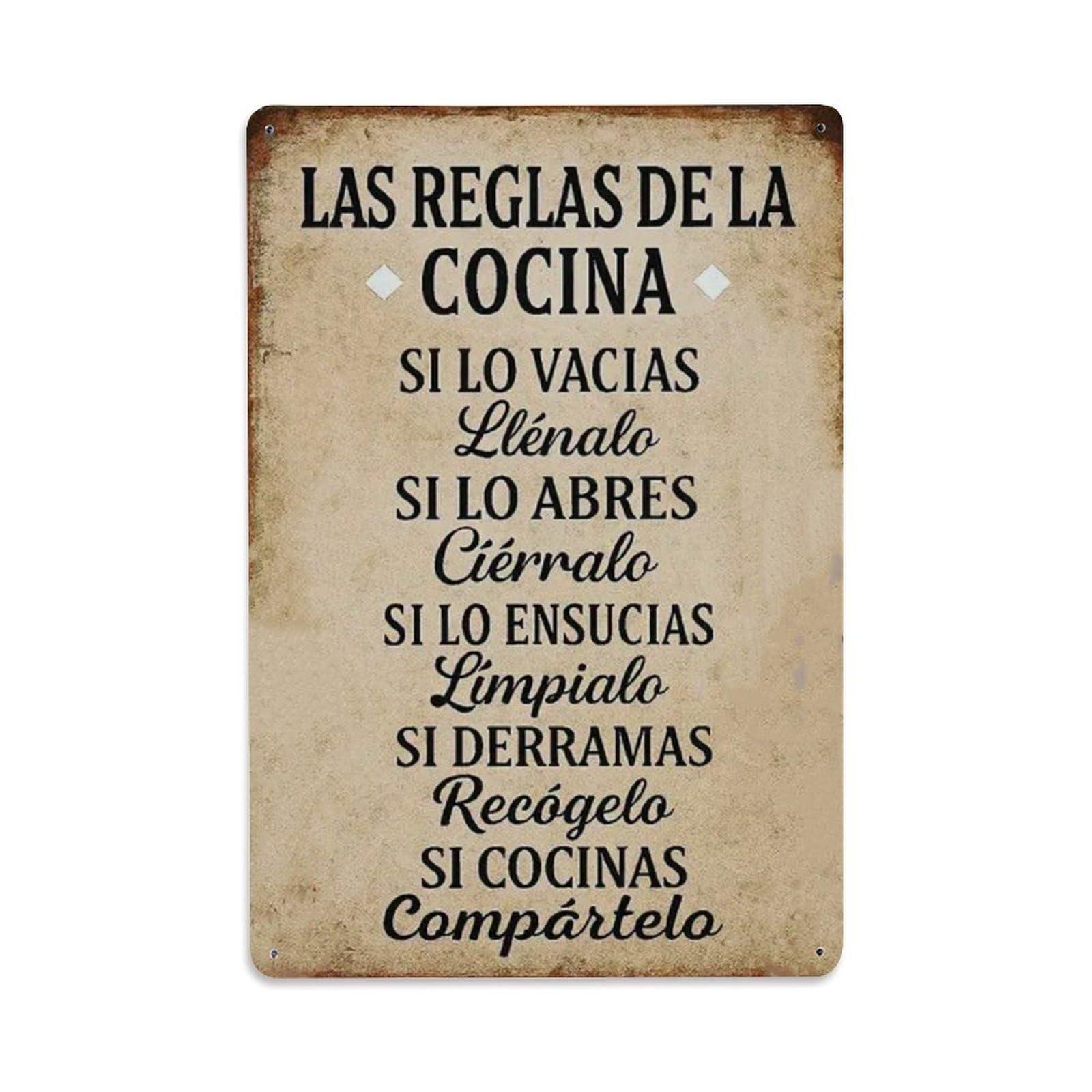 Spanish Kitchen Rules Tin Sign Vintage Metal Sign Home Bar Garden Wall Decor Metal Poster 8x8 Inch